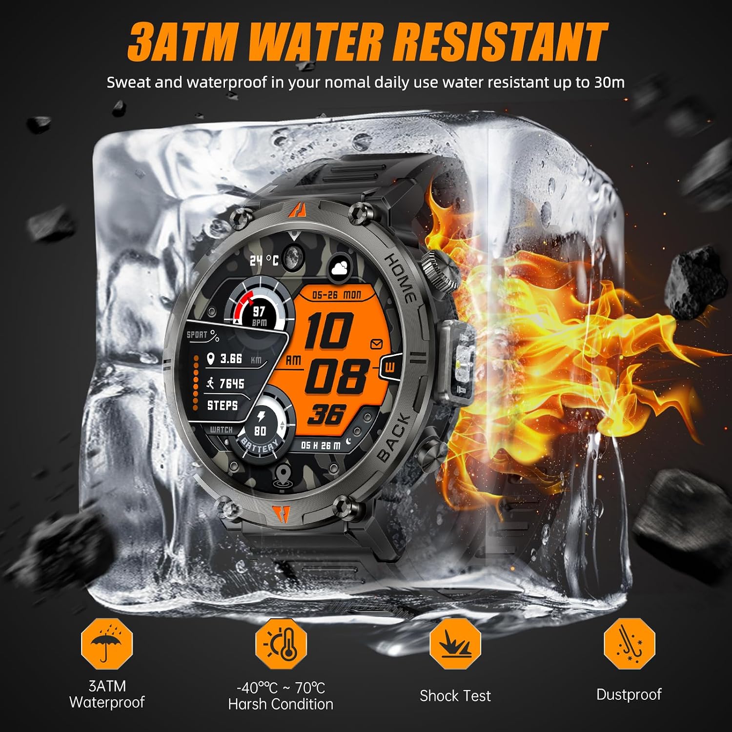 Military Smart Watches for Men Built-in GPS with LED Flashlight Compass, 3ATM Waterproof Rugged Tactical Smartwatch with Text and Call, 1.45' HD Fitness Tracker with HR SPO2 Monitor for iPhone Android