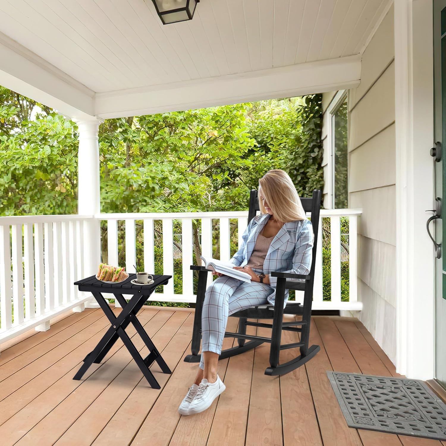 Wooden Rocking Chair Set - 2 Wooden Porch Rockers With Outdoor Side Table, Perfect for Indoor or Outdoor, All Weather Rocker for Garden, Lawn, Balcony, Backyard, Patio (Black)