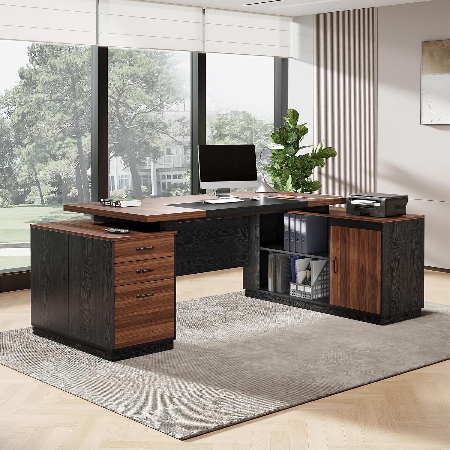 Epecoya Executive L-Shaped Desk with Storage Cabinet, 78-Inch Large Home Office Desks with Power Outlet and Lateral File Cabinet, Modern Computer Desk with Drawers and Open Shelf, Brown Black
