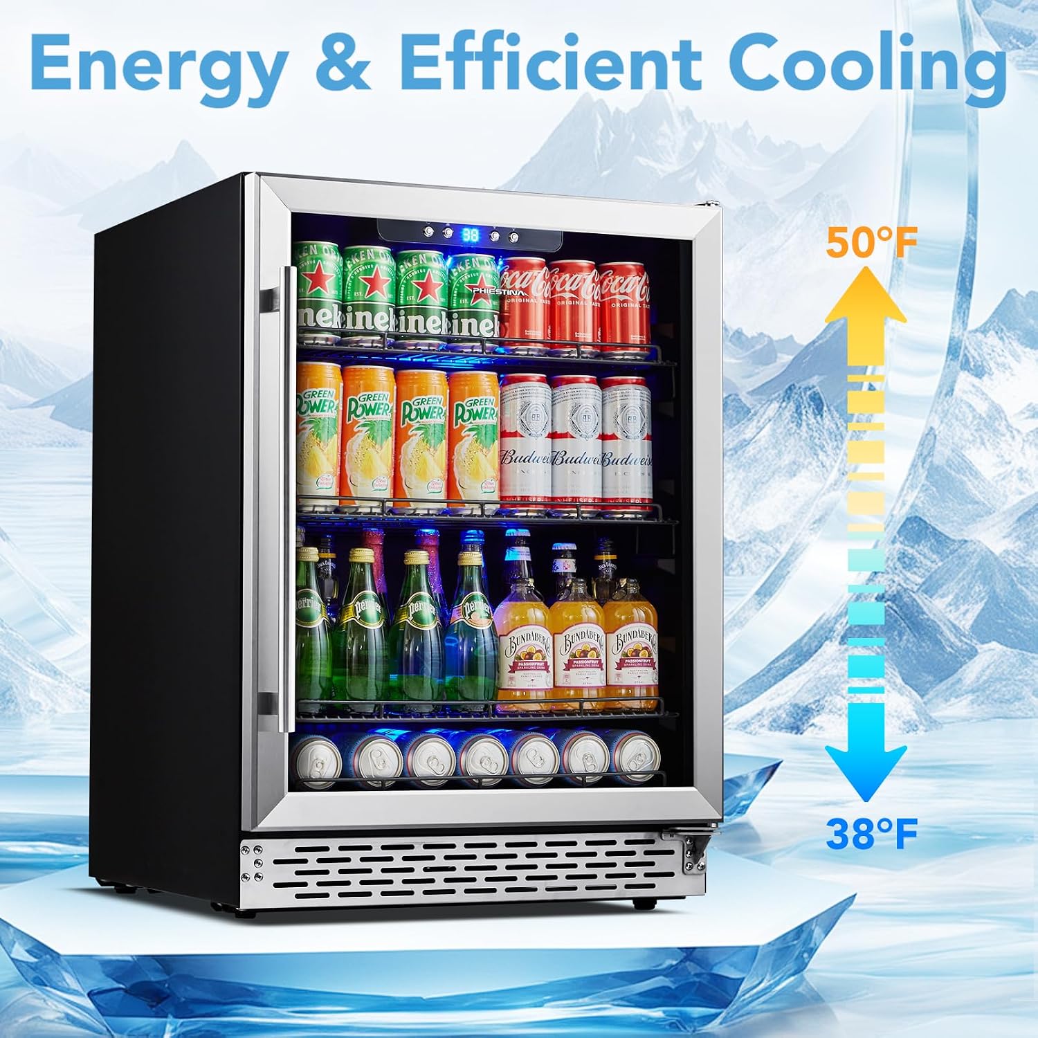 Phiestina Beverage Refrigerator 175 Cans Under Counter Beer Cooler 24 inch Quiet Built-in or Freestanding Beverage Fridge Glass Door Auto Defrost 5 Removable Shelves for Home Bar Office