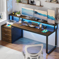 HOMBCK 67' Computer Desk with 3 Drawers, Home Office Desk with Long Monitor Stand and Printer Space, Office Desk with Storage & LED Lights, Writing Desk with Drawers, Black and Walnut