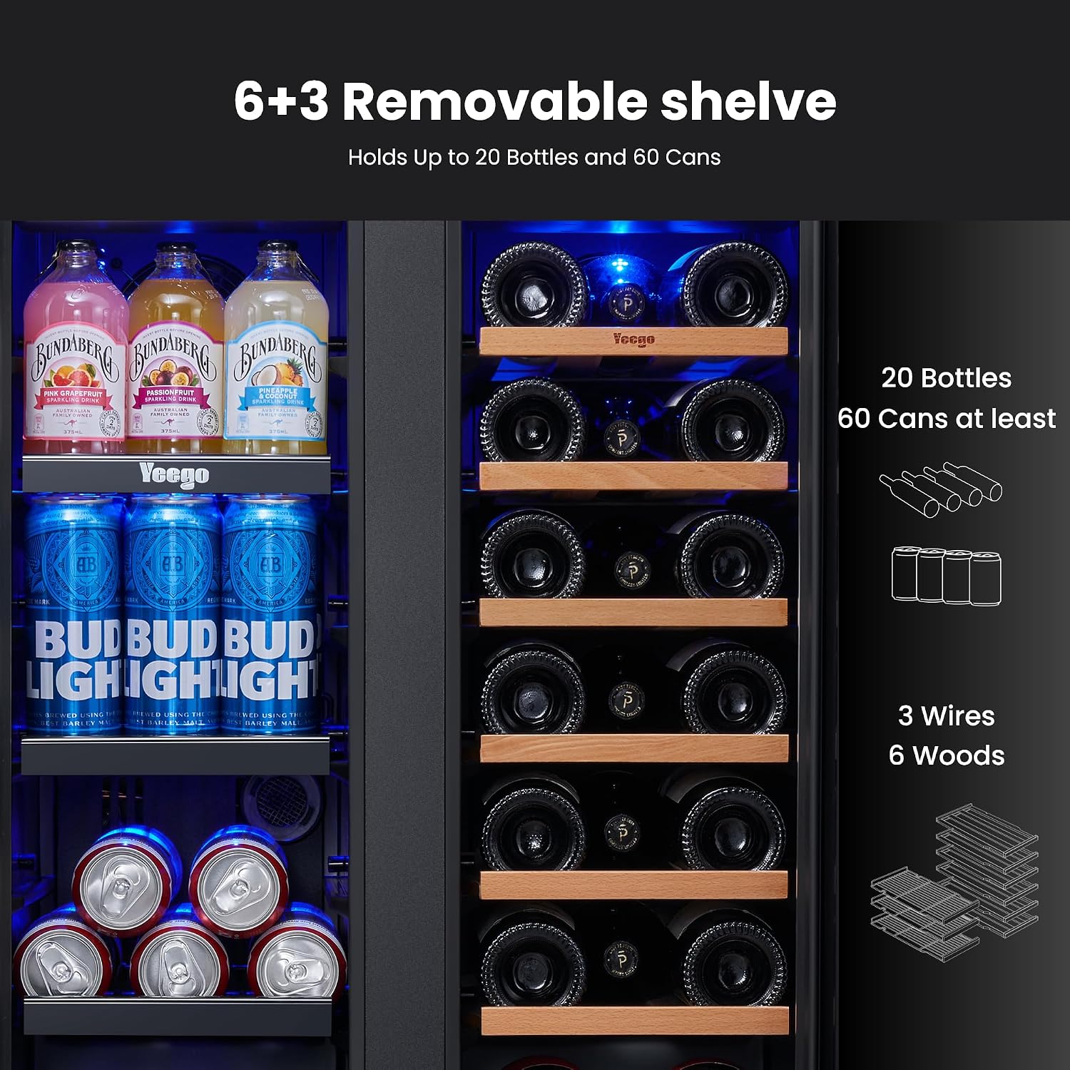 Yeego Wine and Beverage Refrigerator, 24 Inch Dual Zone Wine Fridge, Built-in or Freestanding Wine Cooler with Glass Doors, Under Counter Drink Fridge for Wine/Beer/Soda/Water