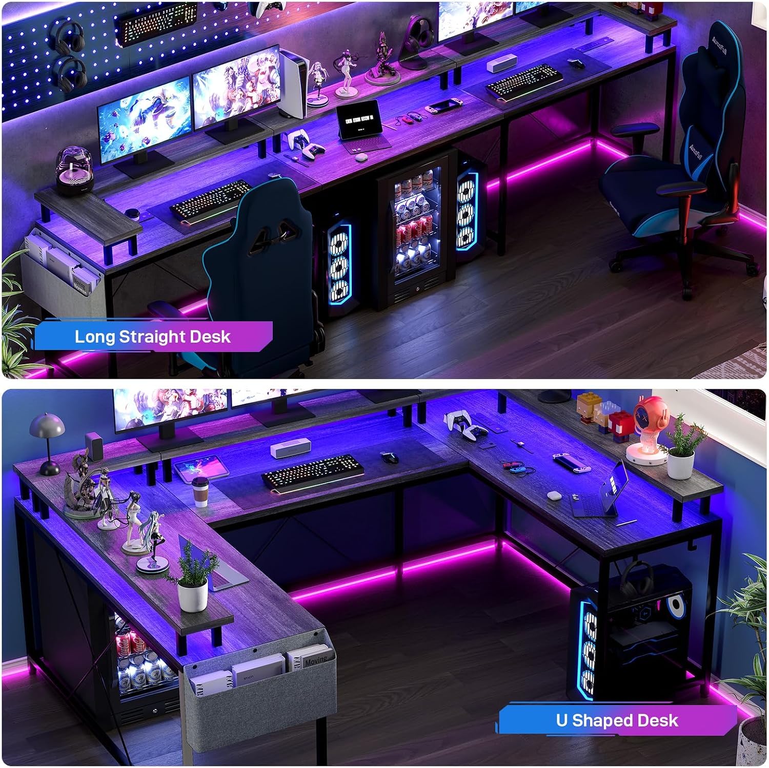126' U Shaped Gaming Desk, Power Outlets & USB Ports, Reversible Corner Computer Desk with Monitor Stand, RGB LED Lights, Storage Shelves & Bag, Gaming Desk for Home Office, Tiger Stripes, Grey Oak