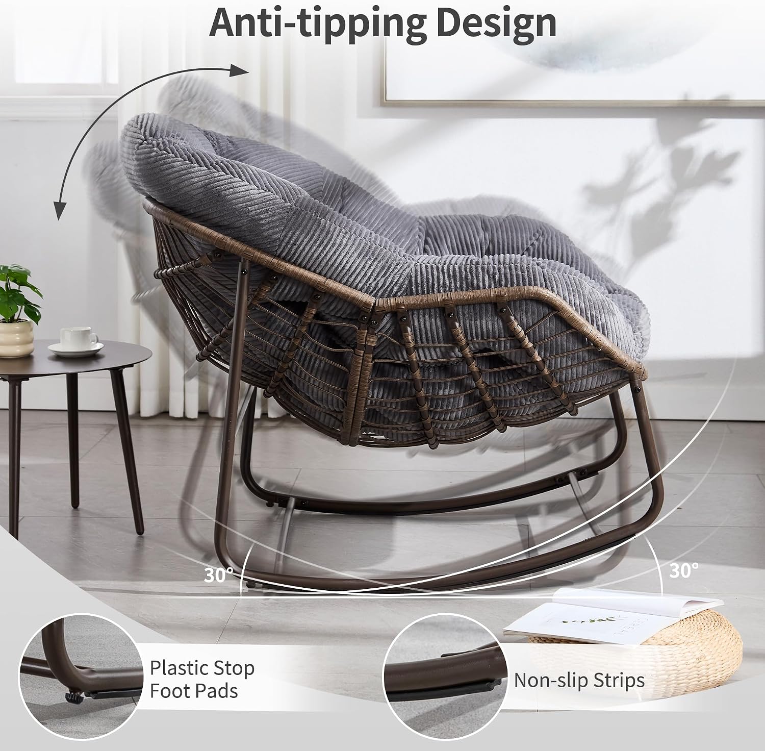 HOMEFUN Outdoor Patio Rocking Chairs, Oversized Papasan Rock Chair Indoor with Striped Velvet Padded Cushion - Rocker Egg Seat for Front Porch, Garden, Patio, Backyard Grey