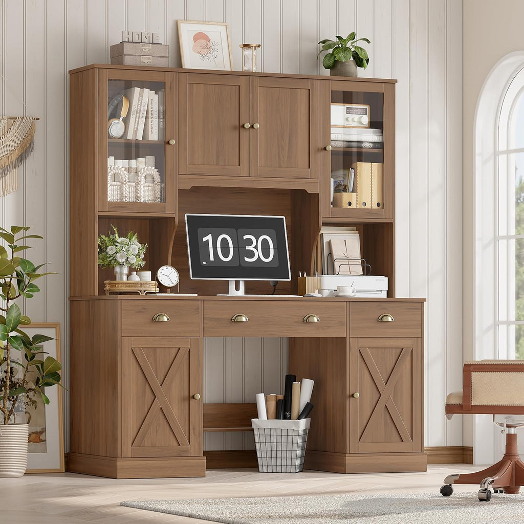Keyluv 75' Executive Desk with Hutch and Drawers, Computer Desk with Glass Door and Storage Cabinet, 63' W Large Farmhouse Workstation for Home Office Study Writing Gaming Table, Brown