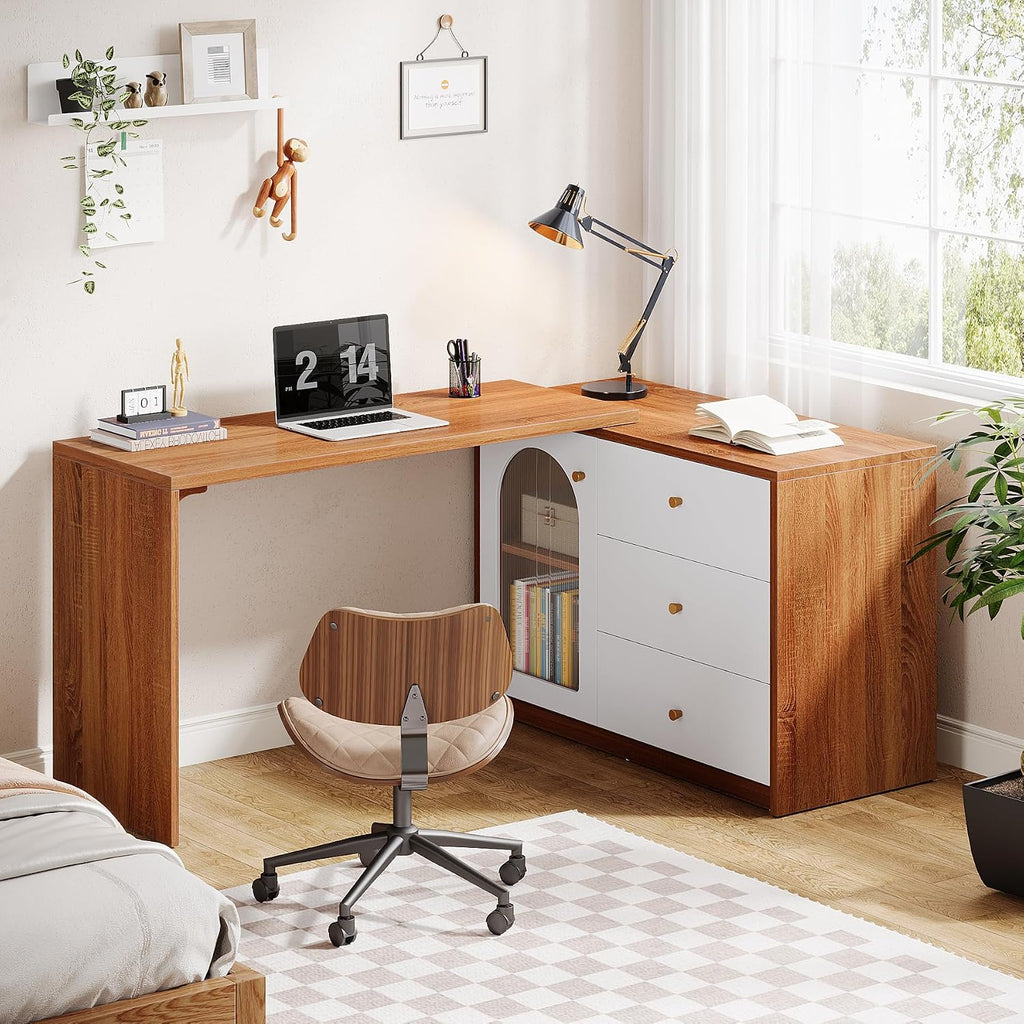 Tribesigns L Shaped Computer Desk with Drawers, Modern Corner Home Office Desk with Reversible Storage Cabinet, Long Study Writing Desk Workstation for Home Office, Rustic Brown