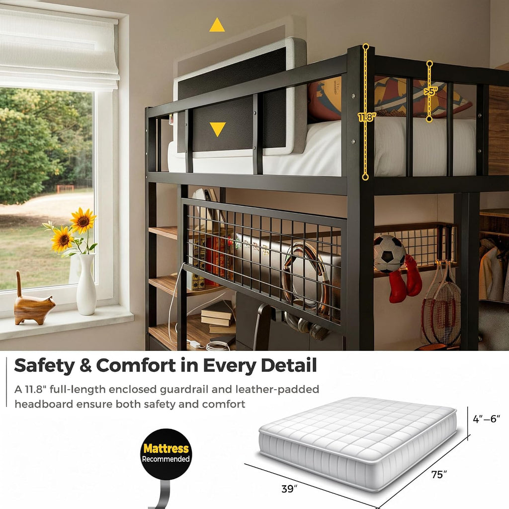 Kikihouse Twin Loft Bed with Desk, Storage Stairs & Wardrobe, Metal Loft Bed Frame w/Headboard, Bedside Shelf, Charging Station & 6 Drawers, LED Gaming Bed for Adult Space-Saving, Black & Walnut