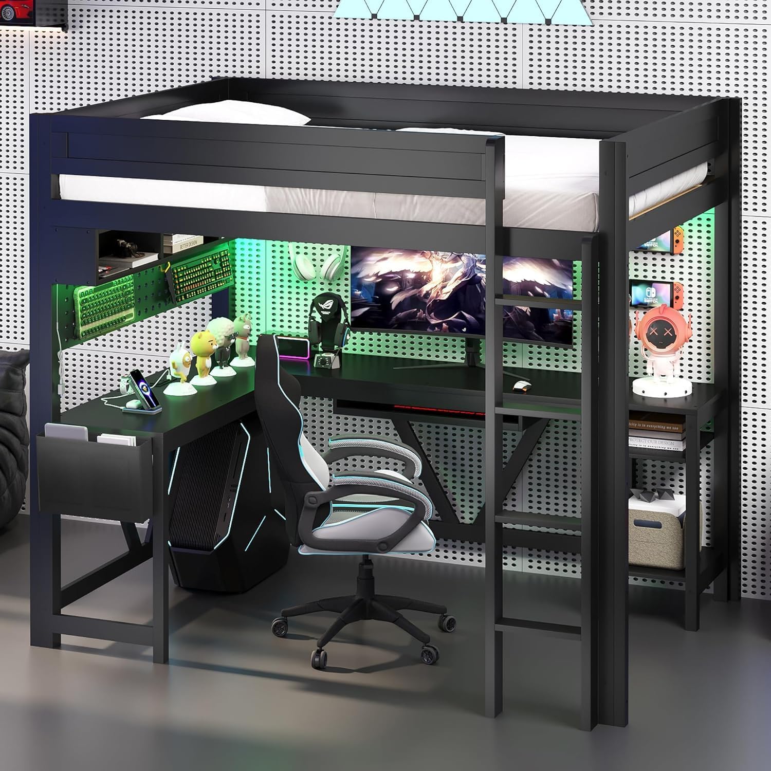 Virubi Full Gaming Loft Bed with Desk and Storage Shelves, LED RGB and Charging Station, Wood High Loft Bed with Storage Case, Ladders,and Guardrails for Adults Teens (Black)