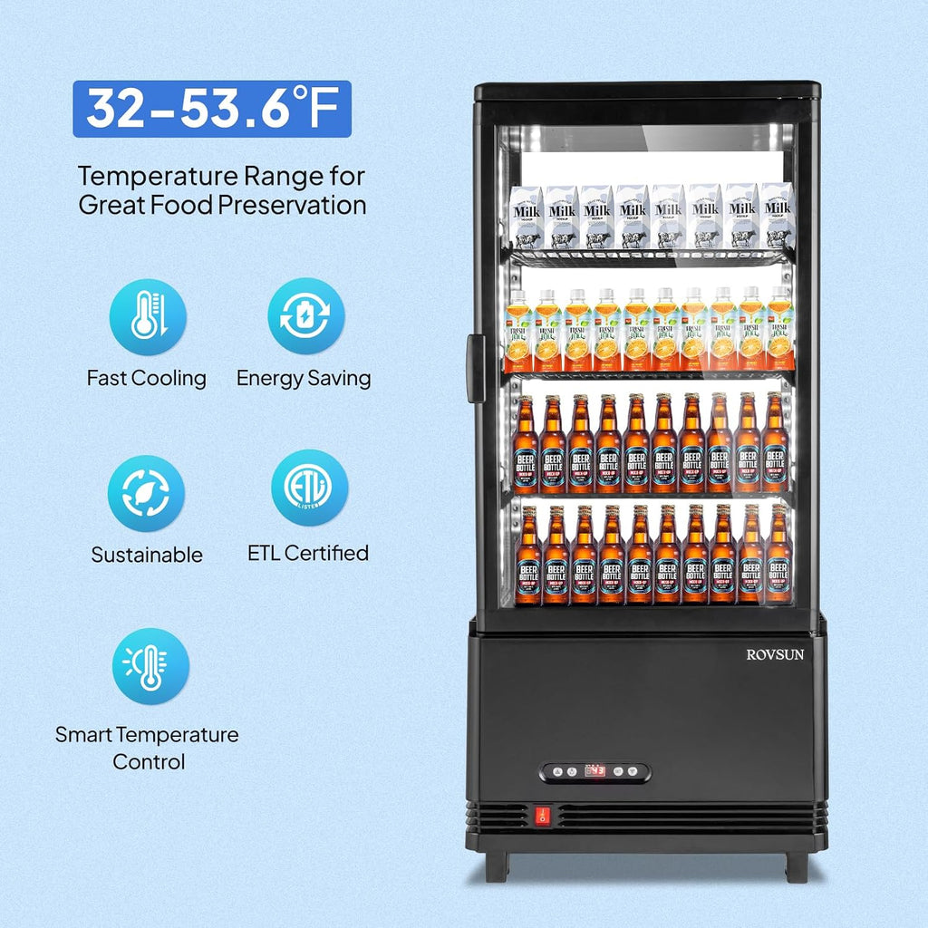 ROVSUN 3 Cu.Ft Display Refrigerator Commercial, Beverage Refrigerator Cooler Glass Door Merchandiser Fridge w/LED Air-cooling Automatic Defrost Front Opening Door for Cafe Restaurant Cafe ETL NSF