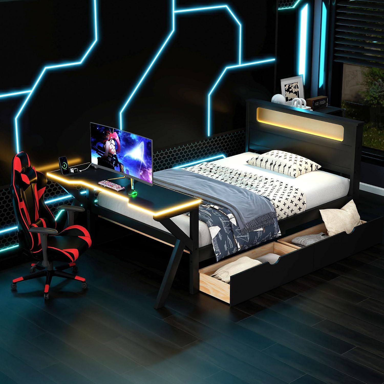 Harper & Bright Designs Twin Size Gaming Loft Bed with Charging Station & LED Headboard, Built-in Desk with Outlets & USB/Type-C Ports, 2 Storage Drawers for Modern Living, Black