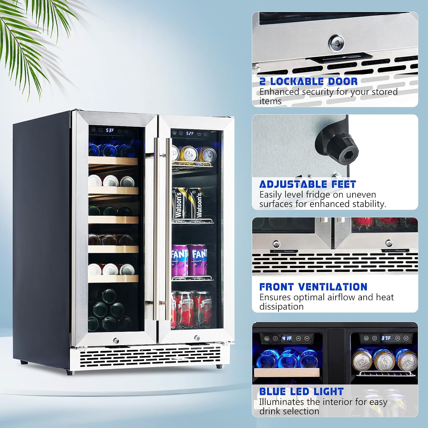 Jocisland Beverage Refrigerator, 24-Inch Dual Zone Fridge Cooler with Glass Door, Built-In or Freestanding for Wine and Beer, Holds 20 Bottles & 78 Cans, 34–64℉ & 41–68℉ for Kitchen, Bar, Office