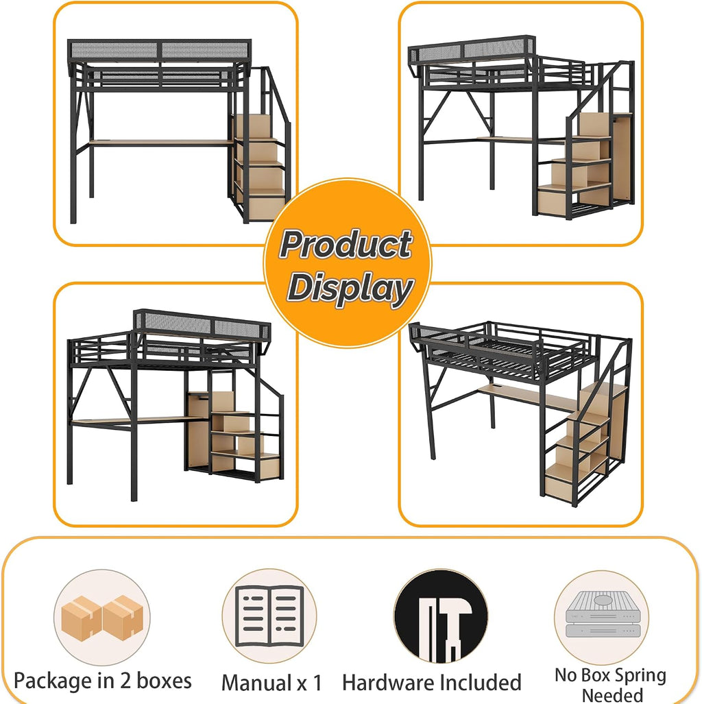 Mirightone Full Size Loft Bed with Stairs & Desk, Metal Loft Bed Frame with LED and Charging Station, High Loft Beds Gaming Lofted Full Bed with Storage Shelf for Kids and Teens (Black+Natural)