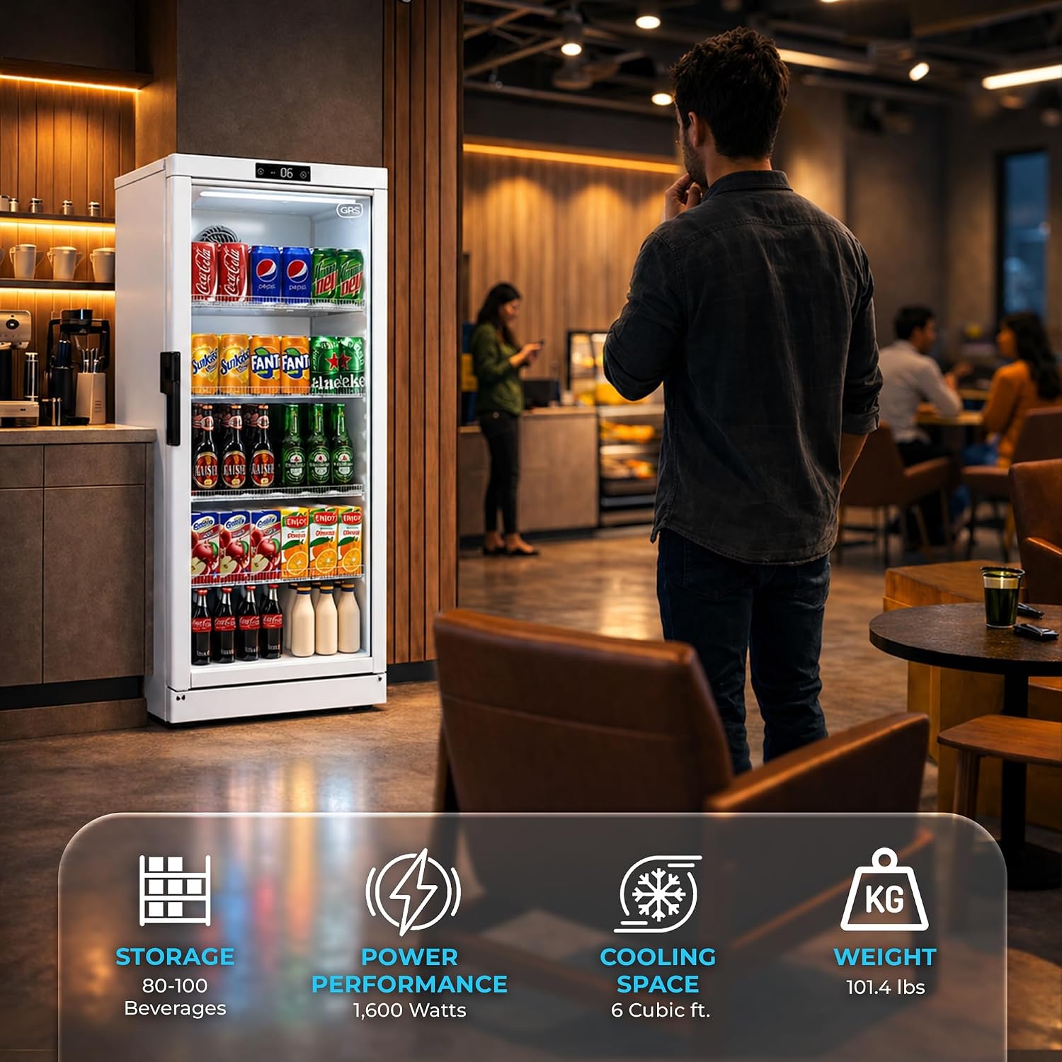 GRS Commercial Display Refrigerator with Glass Door Lock | Cool Air Flow & Temperature | Beverage Cooler, Drink and Wine Fridge with Adjustable Display Shelf for Stores and Bars | Silver, 6.0 Cu. Ft