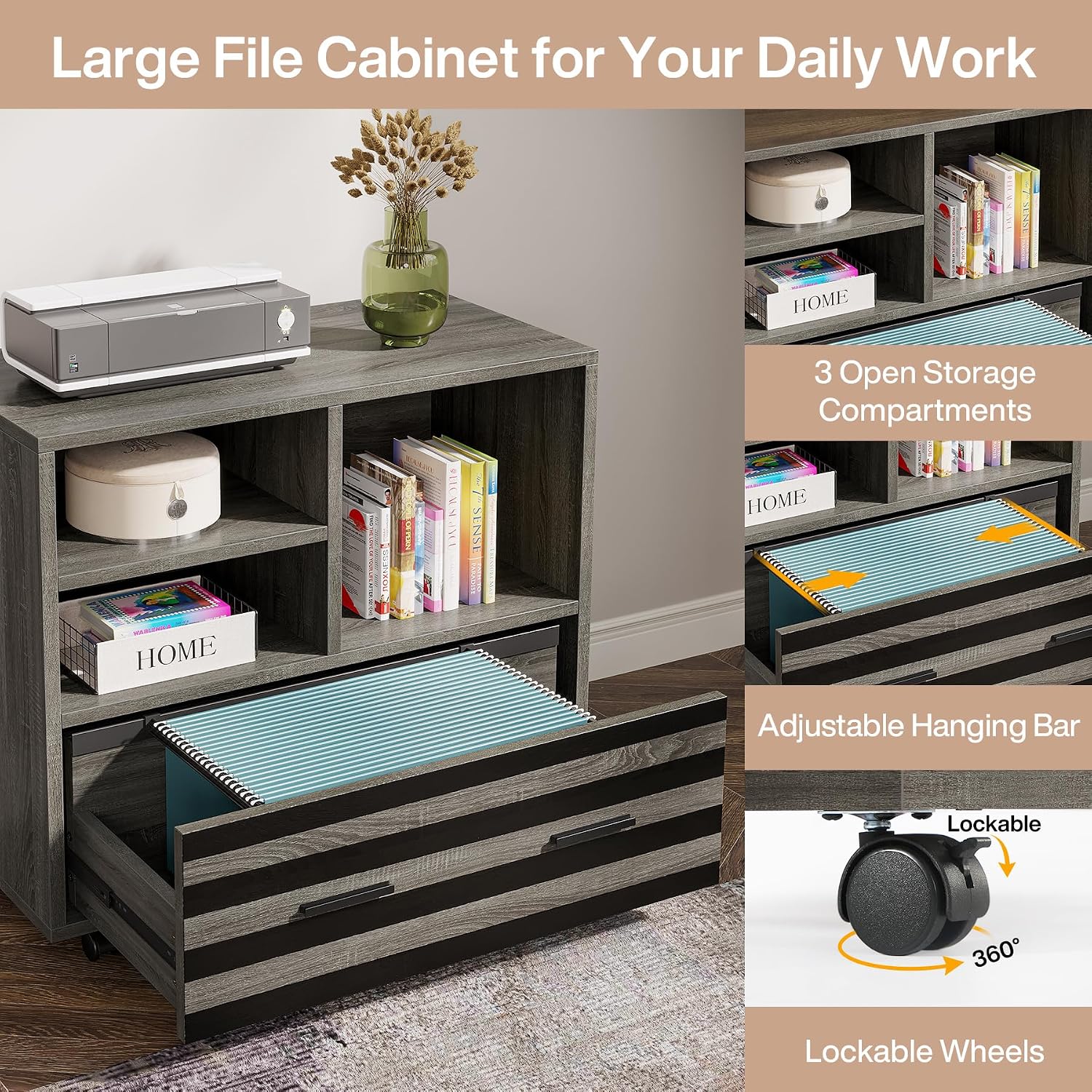 Tribesigns 62.2' Executive Desk with Mobile File Cabinet, L-Shaped Office Desk with Storage Shelves, Large Computer Table Business Workstation Set for Home Office, Grey