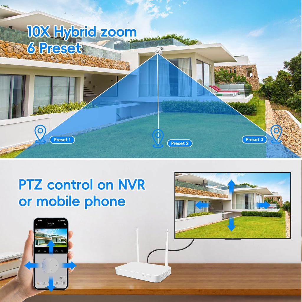 MMQ 【 Auto Track &10x Hybrid Zoom】 Dual Lens WiFi Security Camera System, 4PCS Wireless Cameras Outdoor with 1T HDD,10CH Expandable 5MP NVR, PTZ 2-Way Audio,Color Night Vision, Compatible with Alexa