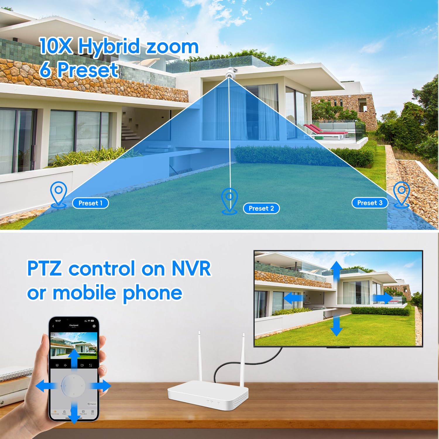 MMQ 【 Auto Track &10x Hybrid Zoom】 Dual Lens WiFi Security Camera System, 4PCS Wireless Cameras Outdoor with 1T HDD,10CH Expandable 5MP NVR, PTZ 2-Way Audio,Color Night Vision, Compatible with Alexa