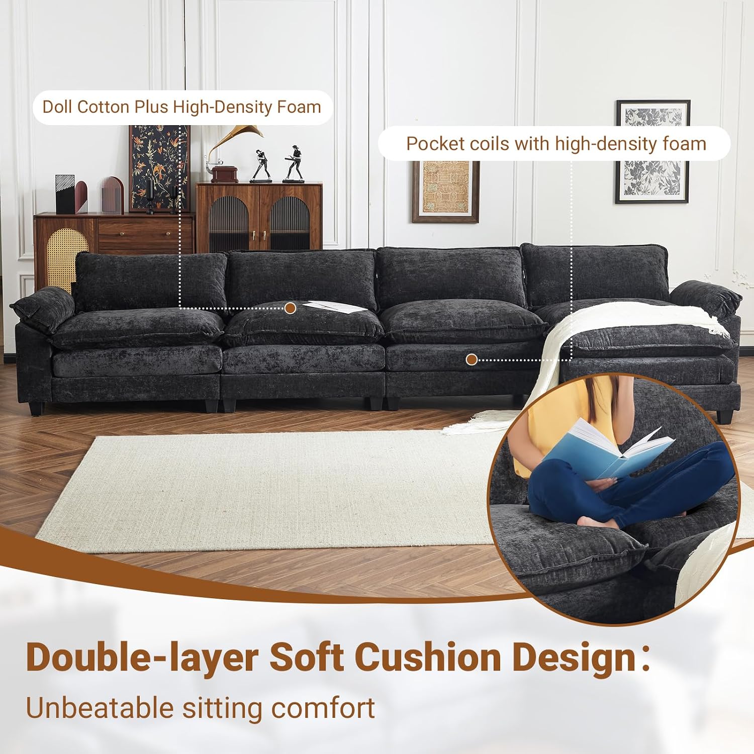 VINGLI 157' Cloud Black Convertible Sectional Sofa, Comfy L-Shape Extra Deep Seat Sofa Couch for Living Room,Modern Chenille 4-Seat Convertible Sofa with Movable Ottoman for Small Space