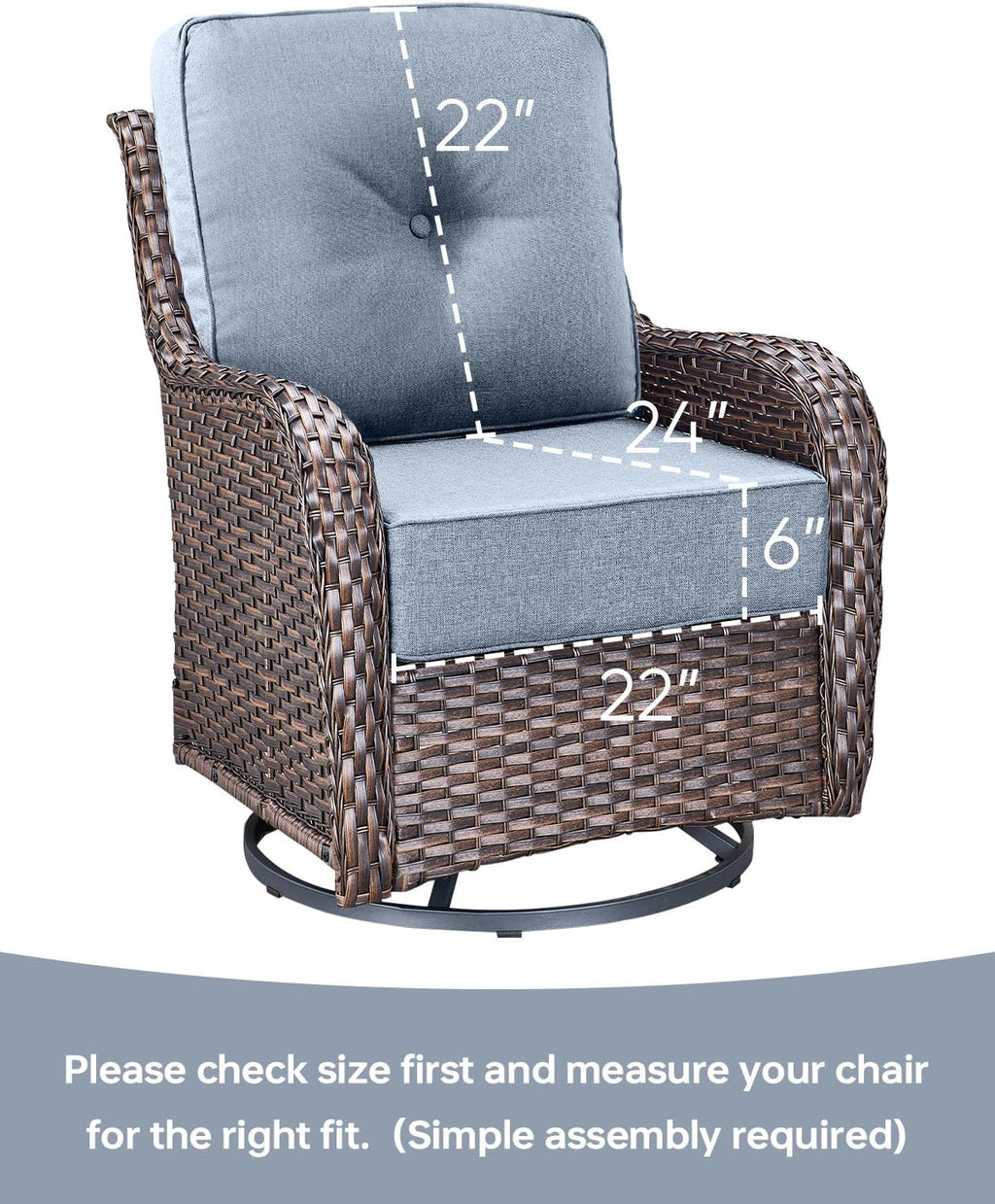 Luxury 22x24/22x25 6-Inch Outdoor Cushions - Water Repellent 1 Set Zippered Patio Chair Cushion for Wicker Dining Rocking Swivel Chairs Loveseat Couch Sectional Sofa - Baby Blue