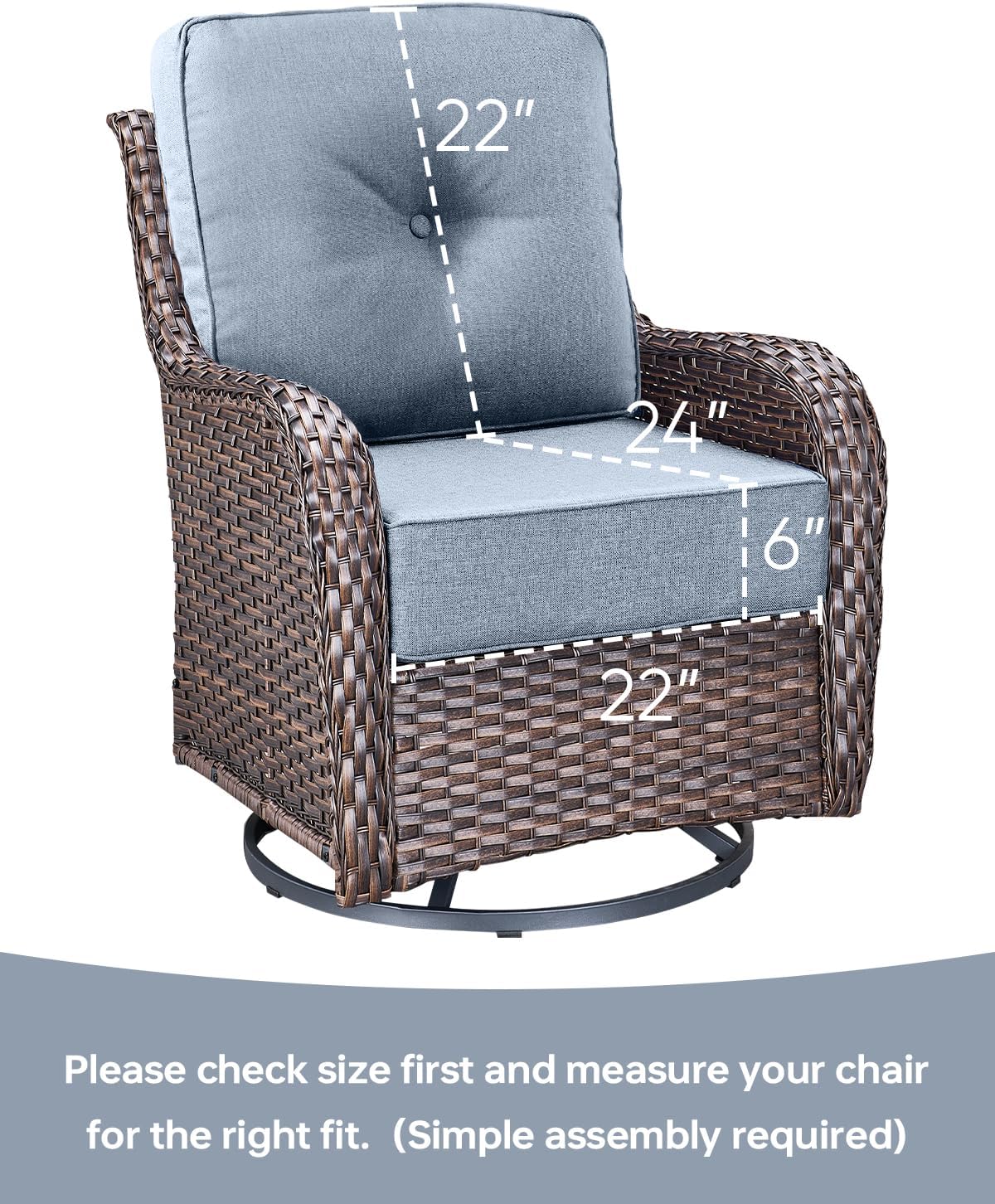 Luxury 22x24/22x25 6-Inch Outdoor Cushions - Water Repellent 1 Set Zippered Patio Chair Cushion for Wicker Dining Rocking Swivel Chairs Loveseat Couch Sectional Sofa - Baby Blue