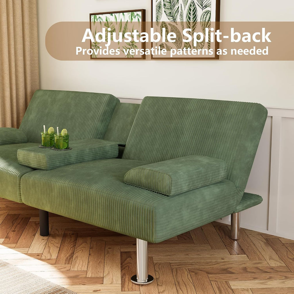 Flamaker Futon Sofa Bed Corduroy Folding Couch Adjustable Sleeper Sofa Bed for Small Apartment Upholstered Living Room Furniture Set with 2 Cup Holders Removable Armrests (Corduroy, Green)