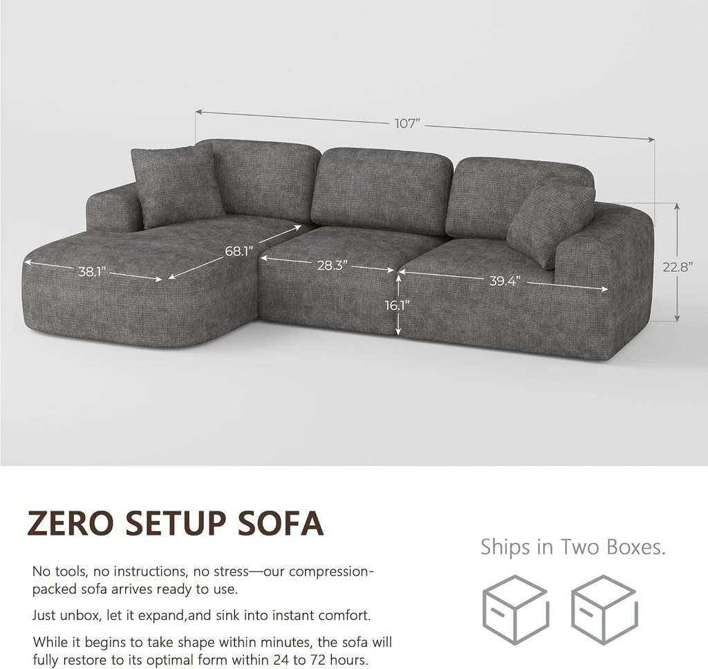 Dowinx 107'' Modular Sectional Sofa Couch with Chaise, No Assembly Required, Modern Bouclé-Inspired Upholstery, Convertible L-Shaped Design for Living Room – Charcoal Grey