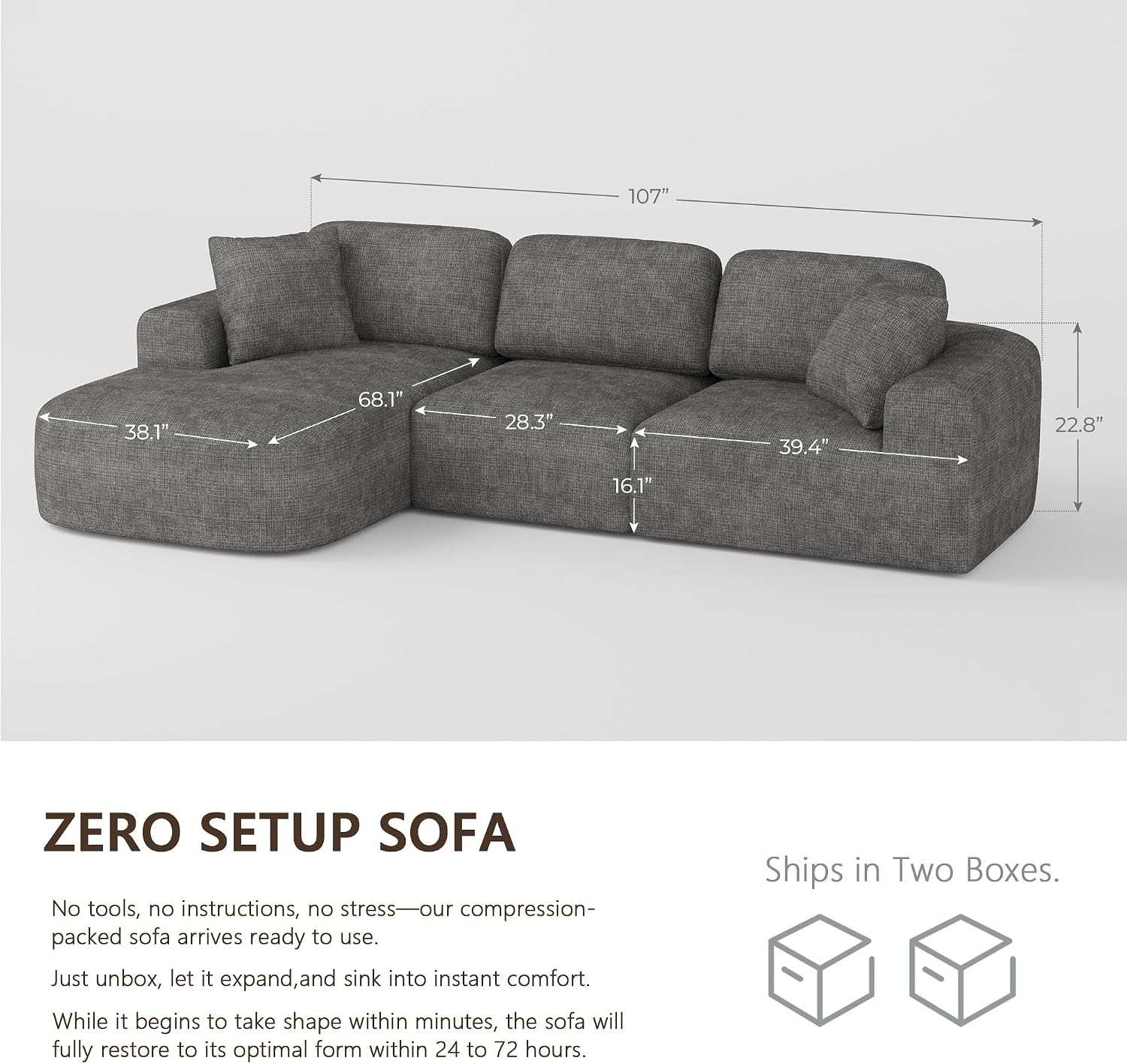 Dowinx 107'' Modular Sectional Sofa Couch with Chaise, No Assembly Required, Modern Bouclé-Inspired Upholstery, Convertible L-Shaped Design for Living Room – Charcoal Grey