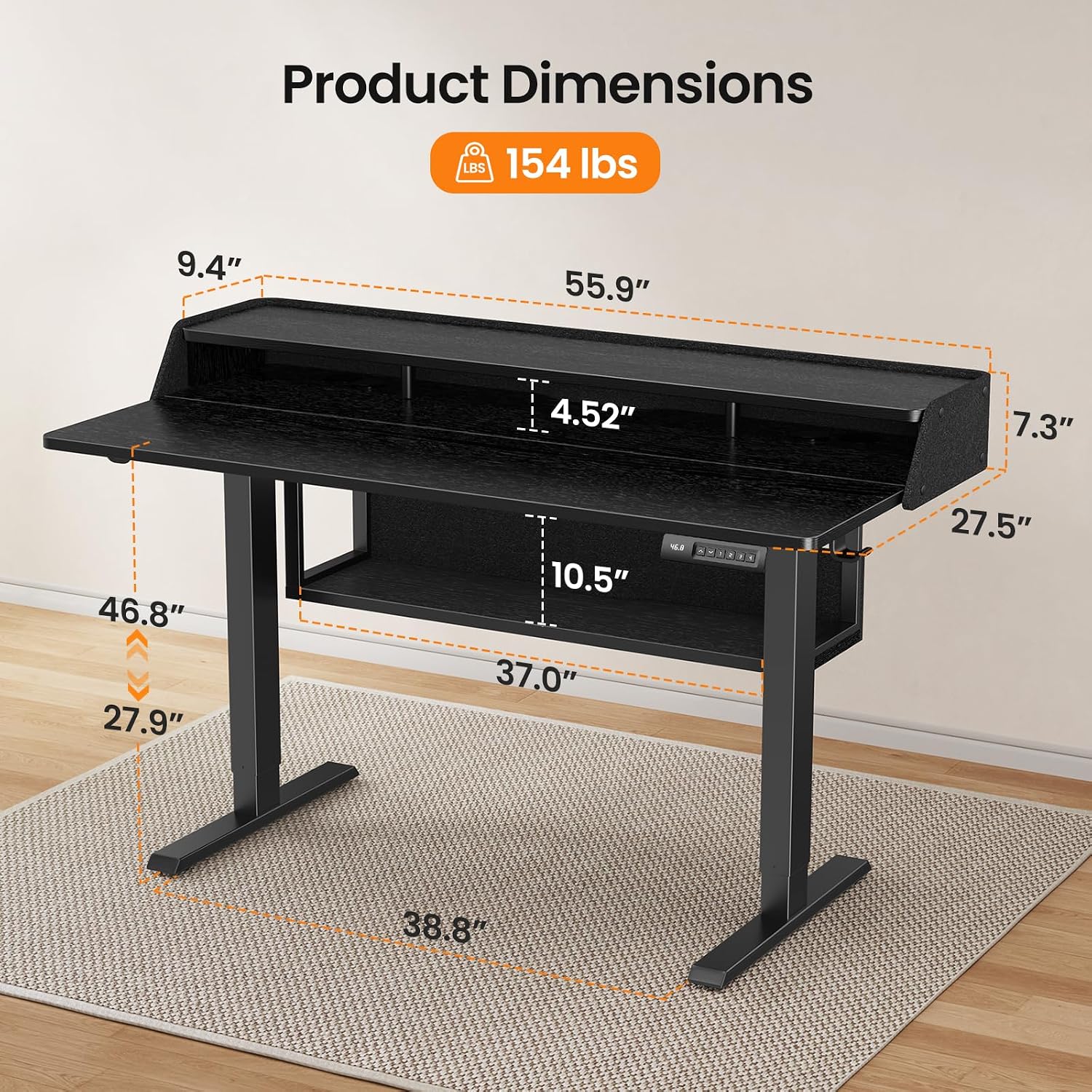 ErGear Electric Standing Desk, 55x28 Inch Adjustable Sit Stand Desk with Bookshelf & Monitor Stand, Standing Gaming Desk with LED Light Strip, Stand Up Desk for Home Office, Black