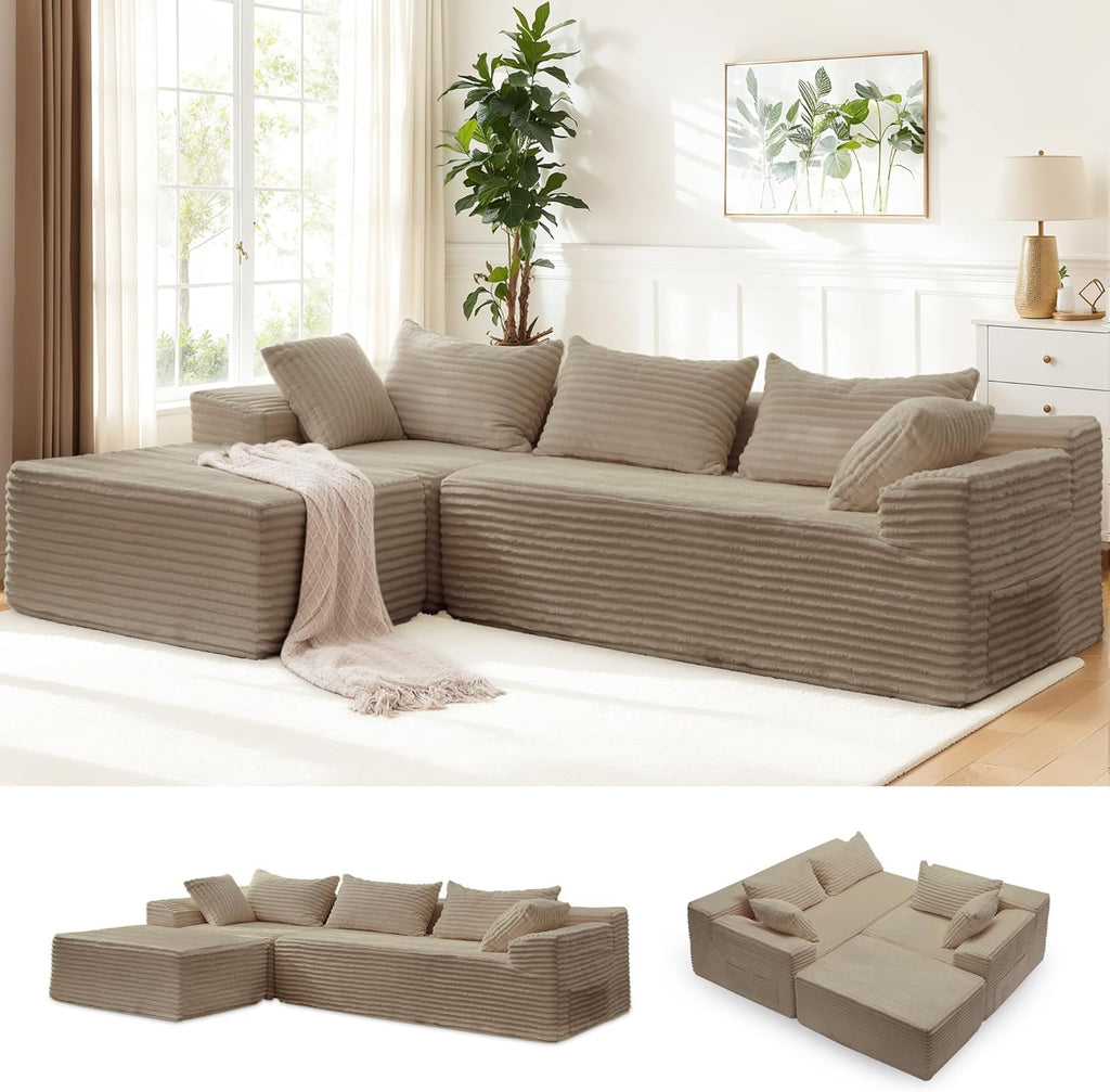 Korser 110' L-Shaped Modular Sectional Sofa with Chaise, Boneless Comfy Corduroy Fluffy Couch with Deep Seat and Side Pockets, Flexible Module Combination for Living Room, No Assembly, Side Pockets