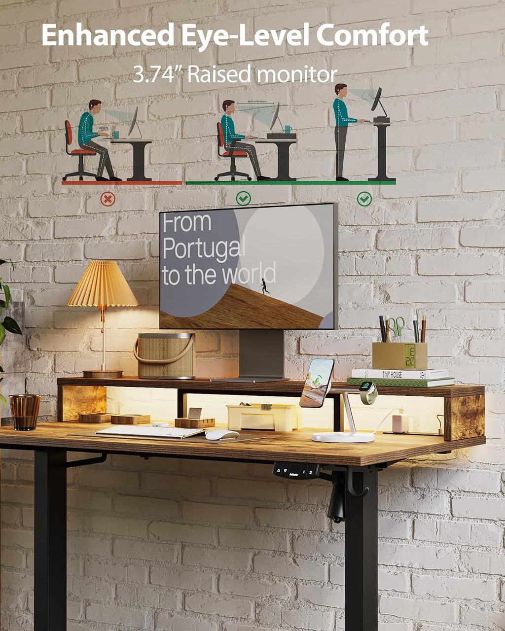 Agilestic 48x24 Inch Electric Standing Desk with Shelf, Height Adjustable Desk with Power Outlet & LED, Sit Stand Up Table with Monitor Stand, Computer Workstation, Rustic Brown