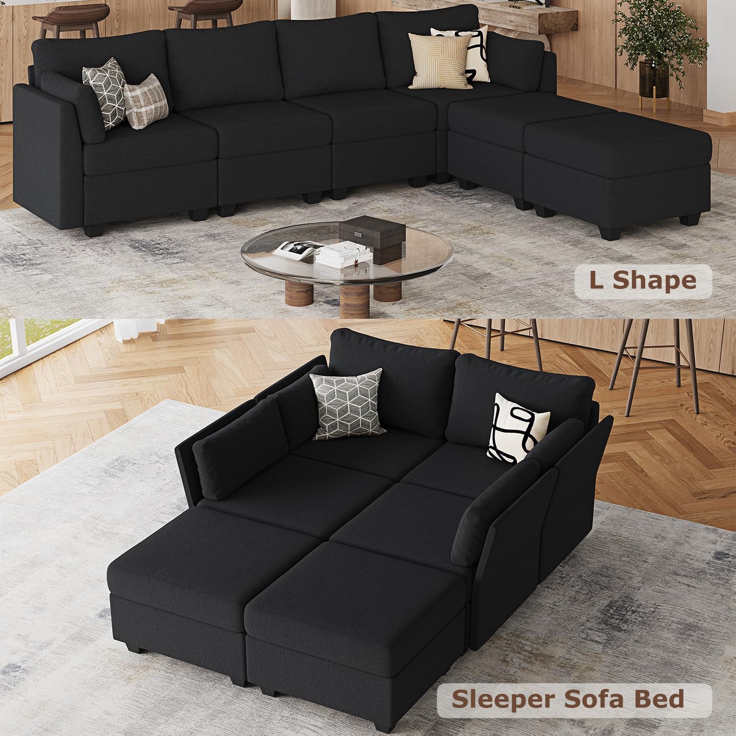 Huatean Home 114.17' Modular Sectional Sofa, 6 Seat Sectional Couches with Storage, Memory Foam, Convertible Modular Couch for Living Room, U Shaped Comfy Modular Sofa with Chaise, Black