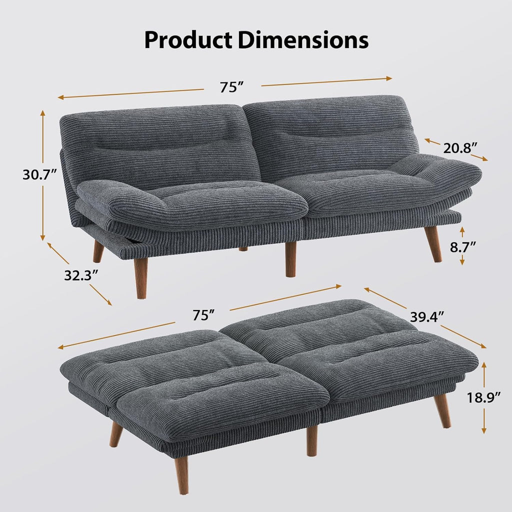 Pipishell Futon Sofa Bed, 75 Inch Corduroy Futon Couch Convertible with Adjustable Backrest and Armrests, Recliner Sleeper Sofa for Small Spaces, Living Room, Office, Guest Room (Grey, 75 Inch) | Adjustable