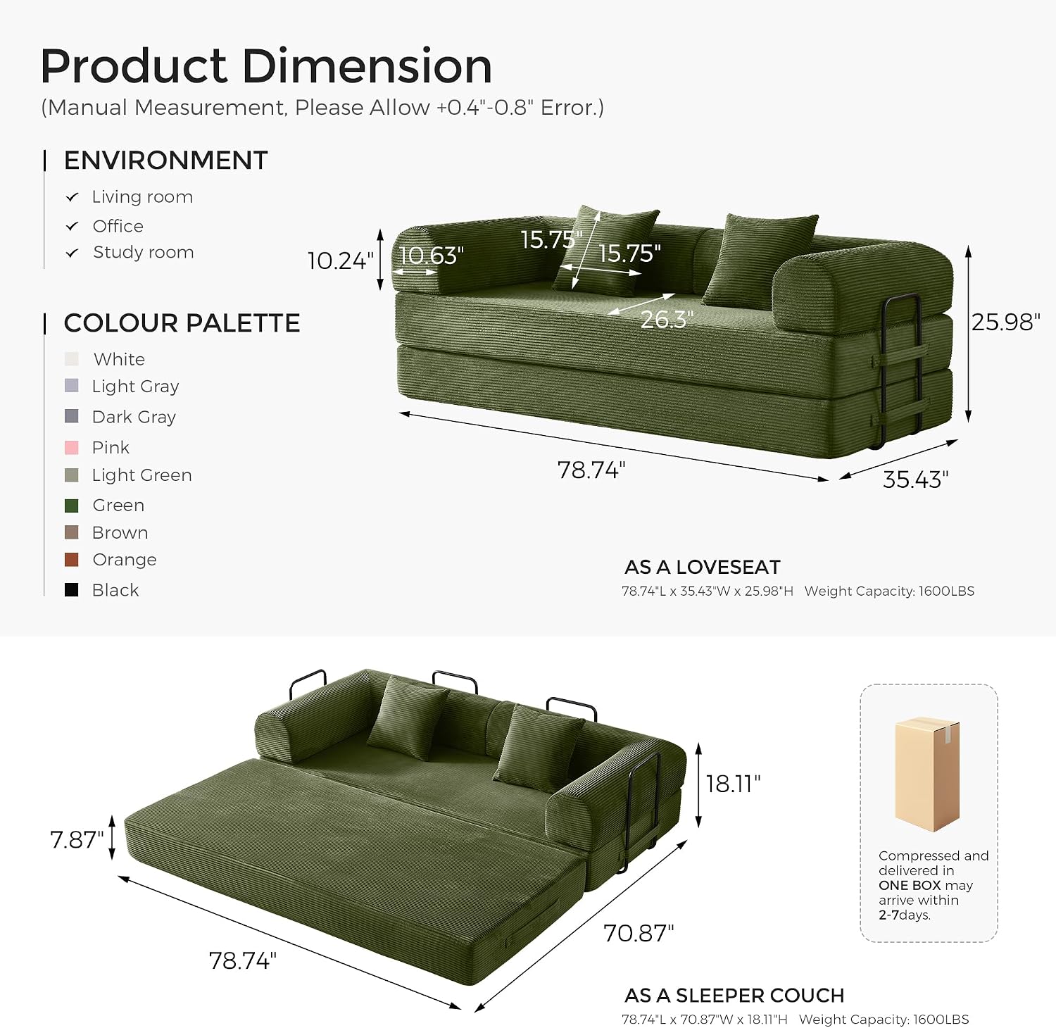 79' Convertible Sofa Bed with Fixed-Shape Frame & Removable Armrests, Modular Corduroy Sleeper Sofa, Folding Mattress Couch for Small Spaces - No Assembly Needed in Green (Includes 2 Pillows)