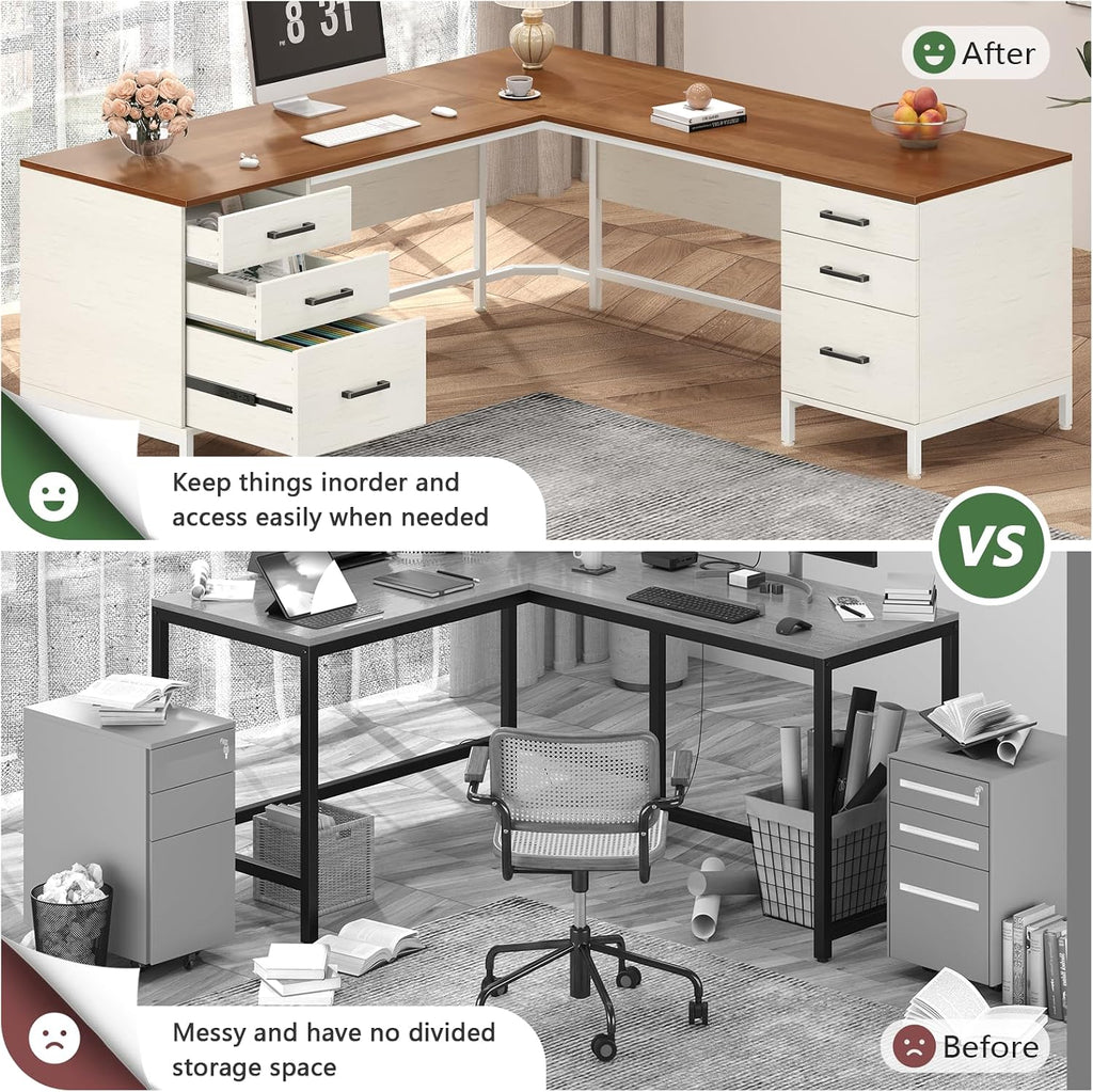 TVU 59'' L Shaped Desk with 6 Wood Drawers, Large Home Office Corner Computer Desk with Storage File Cabinet, Modern Metal Wood Desk for Executive Writing Study Workstation