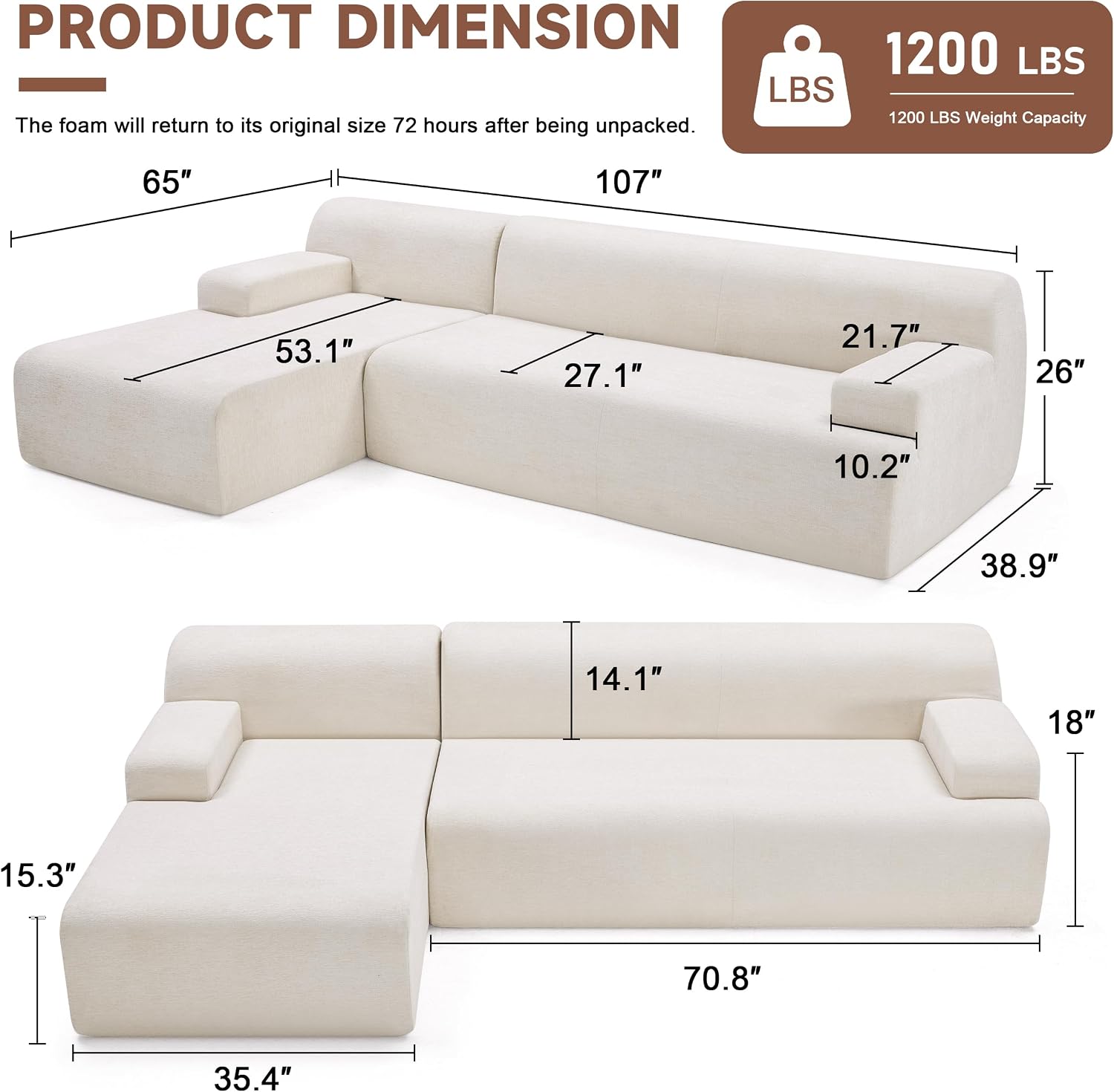 Weture 107' Modular Sectional Cloud Couch, Boneless couches Sponge sectionals for Living Room, High Density Sponges Sofa, Modular L-Shape with Chaise, Beige