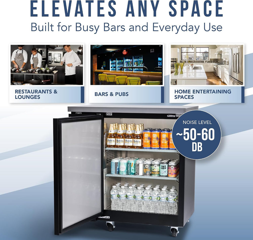 PEAKCOLD 1-Door Counter Height Beverage Refrigerator - 36' Wide Energy Efficient Solid Black Beer Cooler & Bar Fridge With White LED Lighting - Commercial Back Bar Cooler