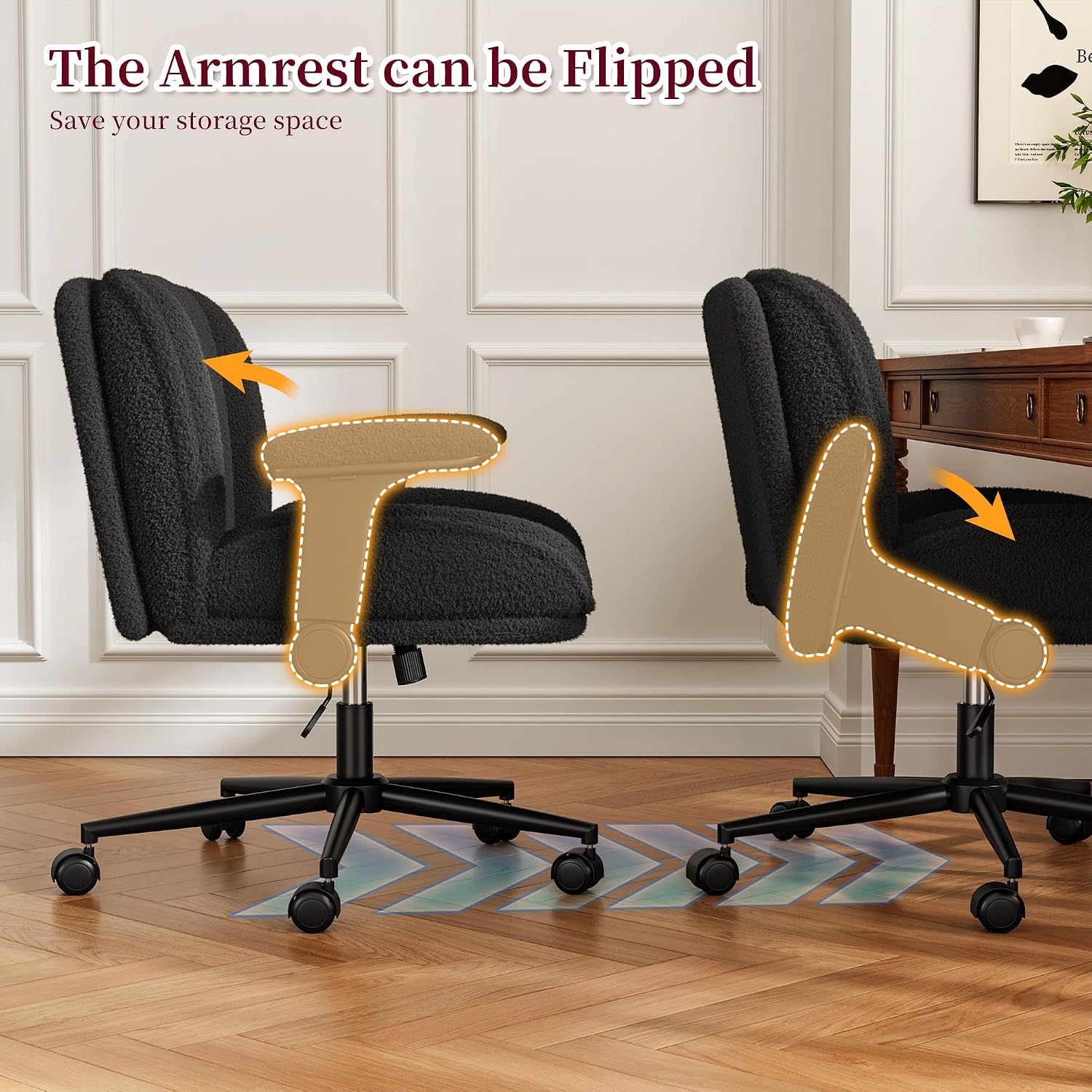 DurayLoly Criss Cross Chair with Wheels,Flip Up Arms,Wide Seat,Teddy Fleece,Adjustable Height,Cross Legged Desk Chair for Bedroom,Dorm,Home Office,Black