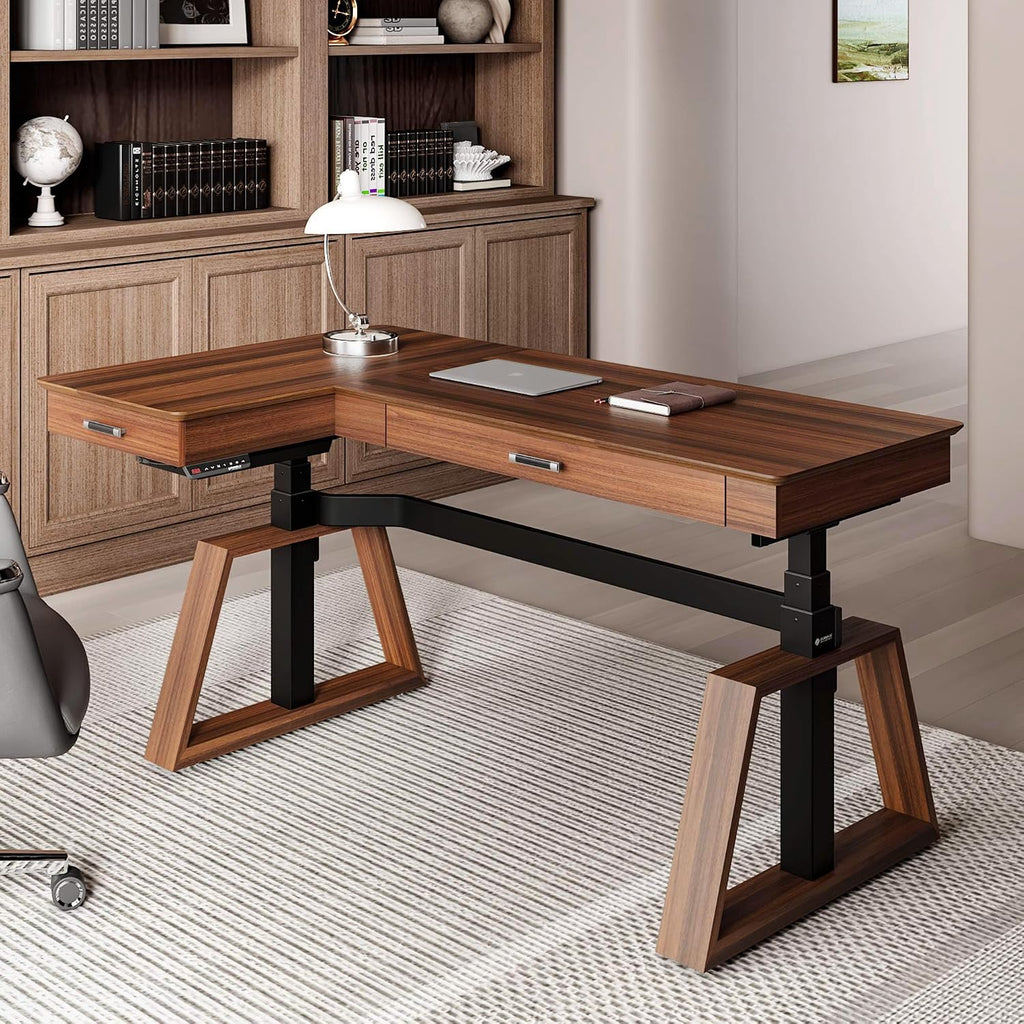 EUREKA ERGONOMIC L Shaped Desk 63', Solid Walnut Wood Top, Executive Standing Desk Adjustable Height, Dual Motor Corner Workstation with Drawers & Monitor Shelf for Home Office, Left