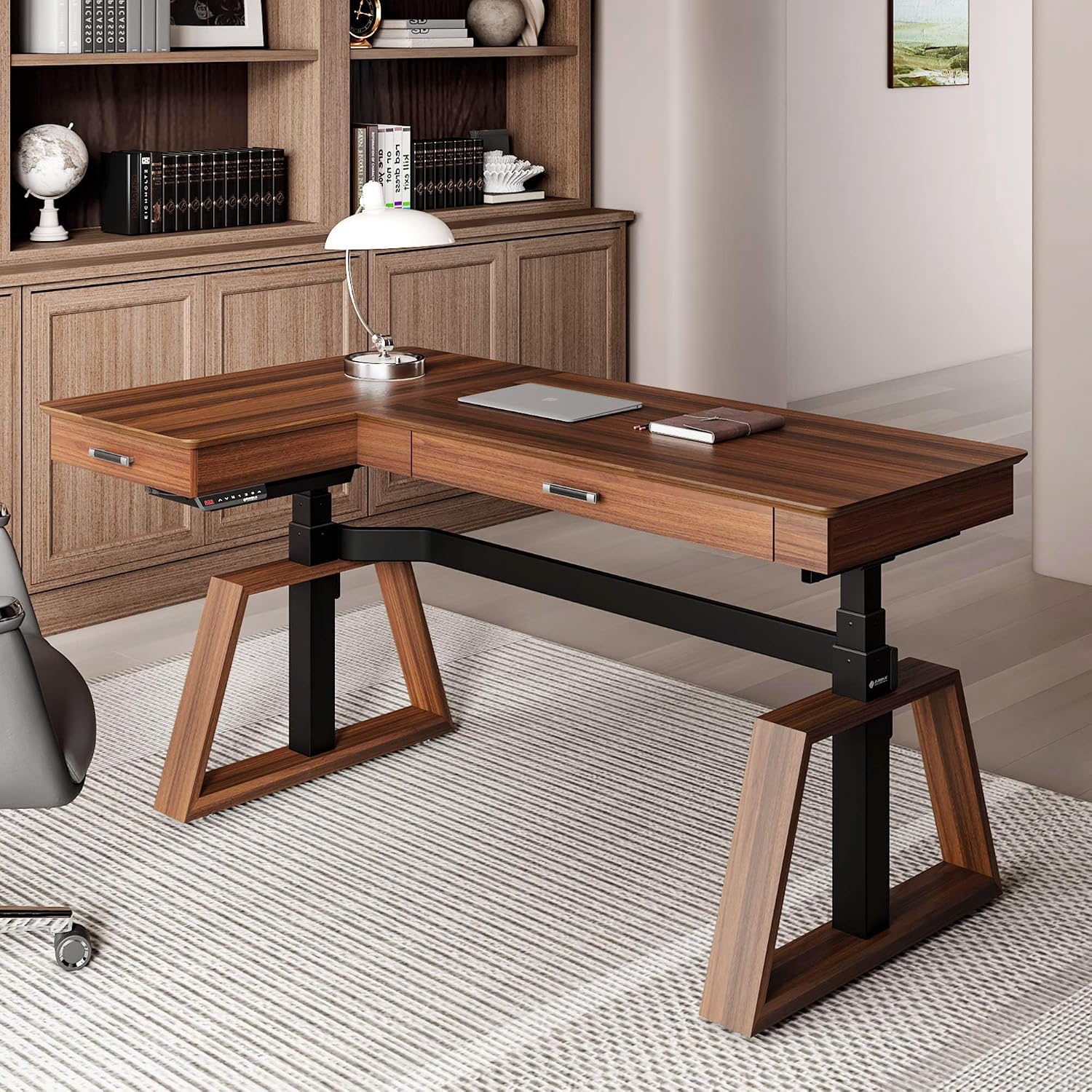 EUREKA ERGONOMIC L Shaped Desk 63', Solid Walnut Wood Top, Executive Standing Desk Adjustable Height, Dual Motor Corner Workstation with Drawers & Monitor Shelf for Home Office, Left