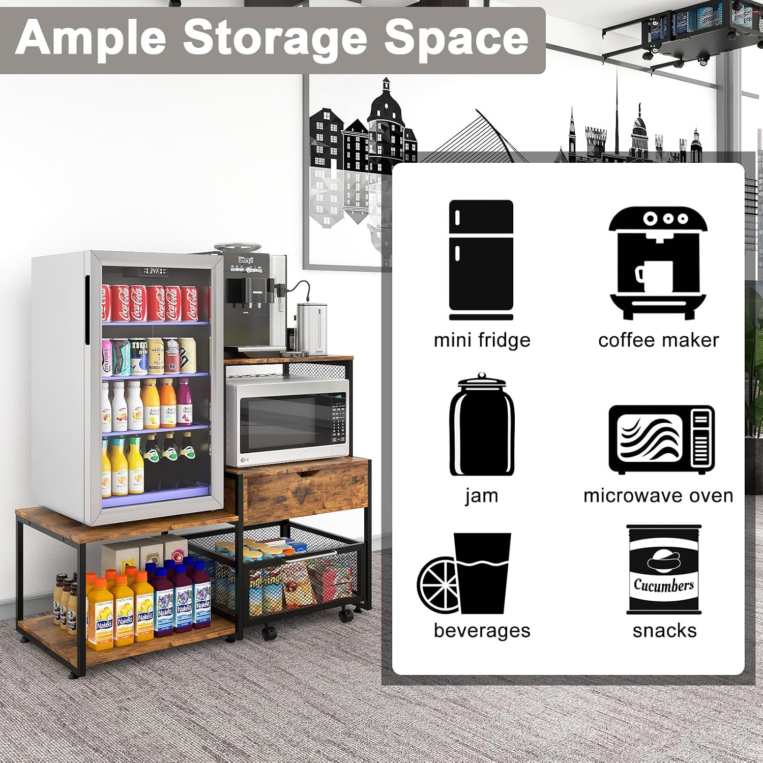 PUNCIA Mini Fridge Stand with Storage, Coffee Bar Cabinet with Power Outlet and Drawer, Microwave Oven Stand with Rolling Basket, Beverage Refrigerator Table for Home, Dorm, Apartment, Pantry, Retro