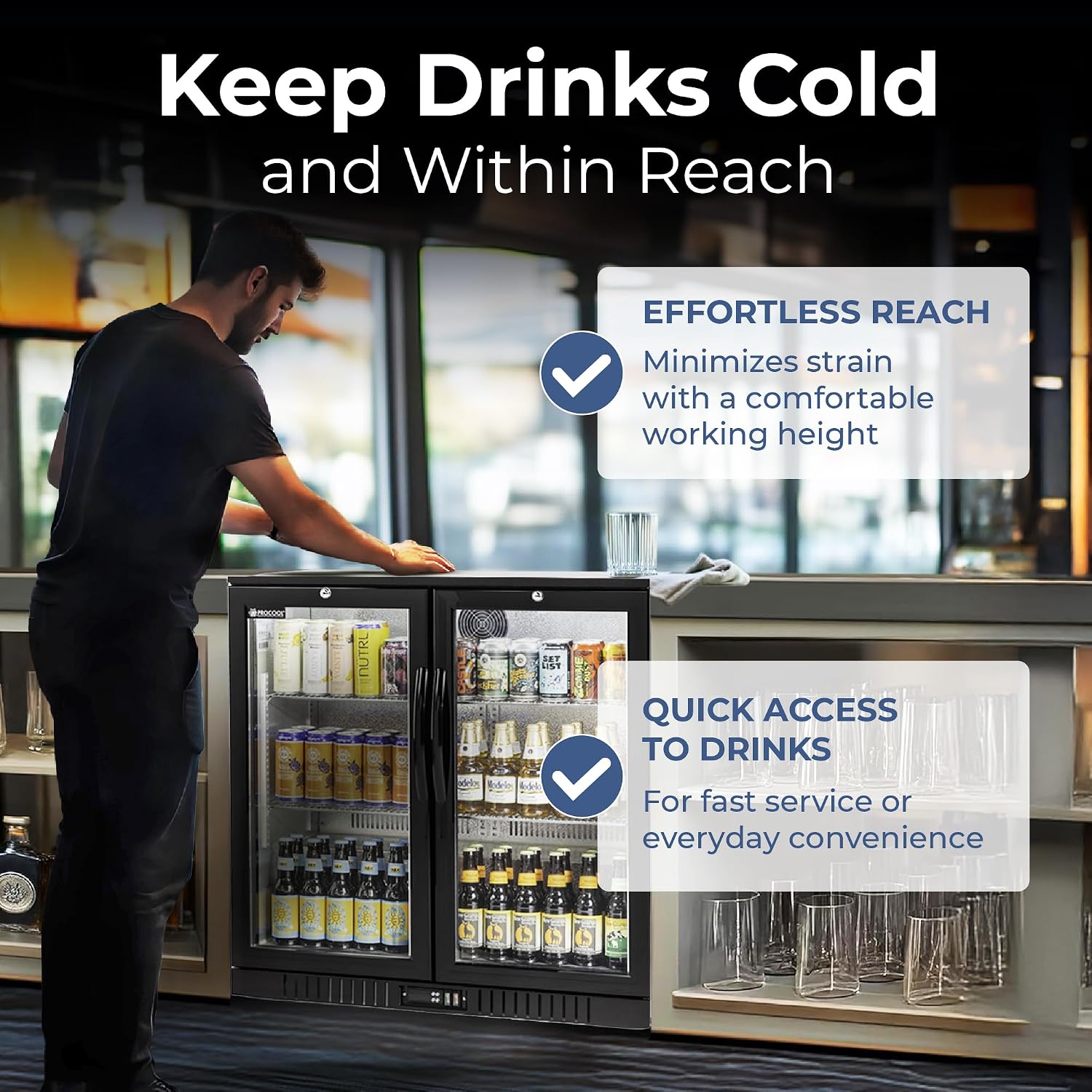Procool 2-Door Counter Height Beverage Refrigerator - 36' Wide Energy Efficient Black Bar Fridge With Glass Doors & LED Lighting - Commercial Back Bar Cooler