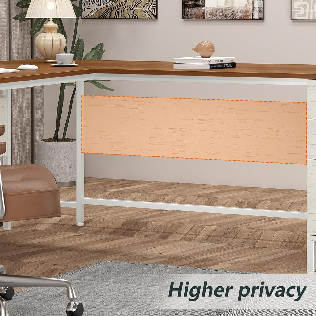 TVU 59'' L Shaped Desk with 6 Wood Drawers, Large Home Office Corner Computer Desk with Storage File Cabinet, Modern Metal Wood Desk for Executive Writing Study Workstation