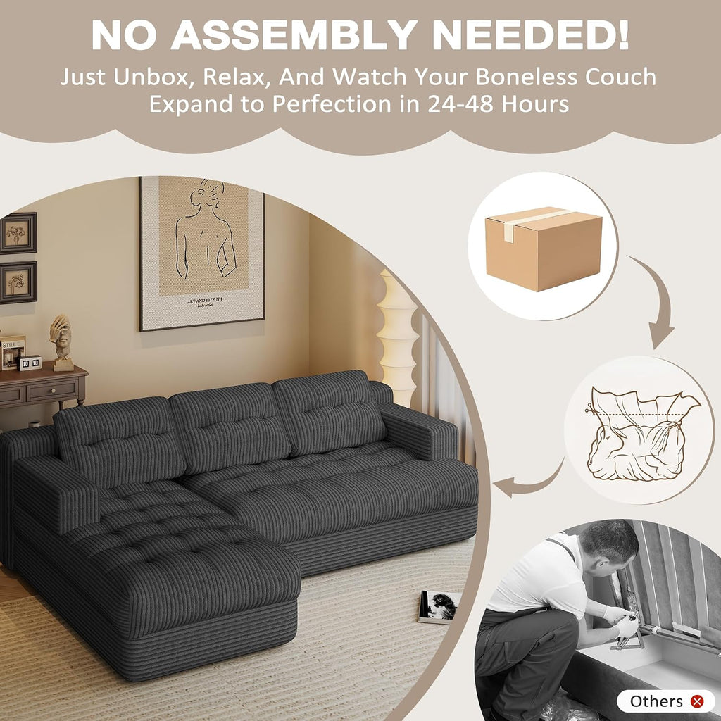 Boneless Couch, 2026 New Boneless Sectional Couch with Deep Seat & Chaise for Small Spaces, Upholstered Cloud Couch Sectional Boneless Couches for Living Room, No Assembly, Left Facing Chaise, Grey
