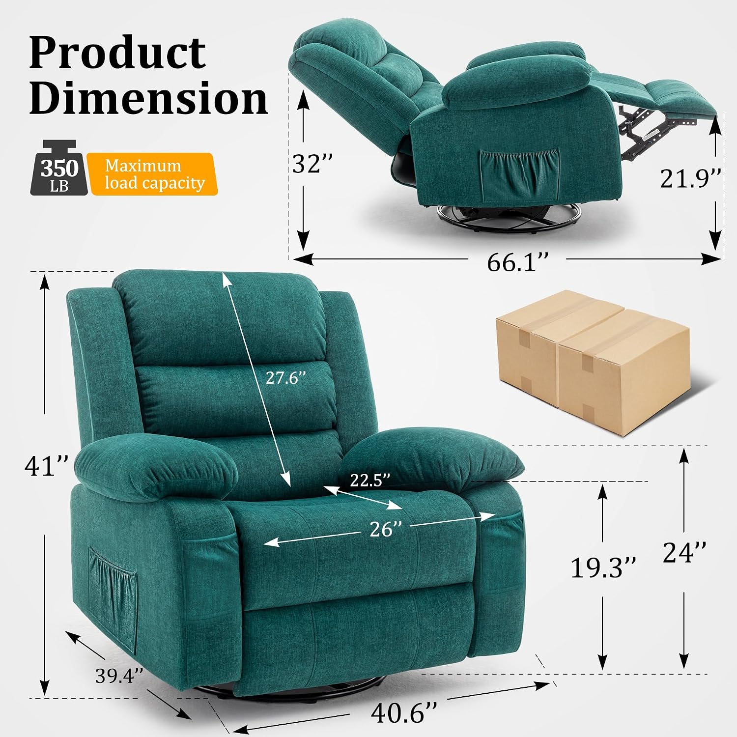 Korser Recliner Chair for Adults, Oversized 360° Swivel Rocker Recliner with Massage and Heat, Wide Nursery Glider Rocking Chair with Side Pockets, Cashmere Reclining Sofa for Living Room (Green)