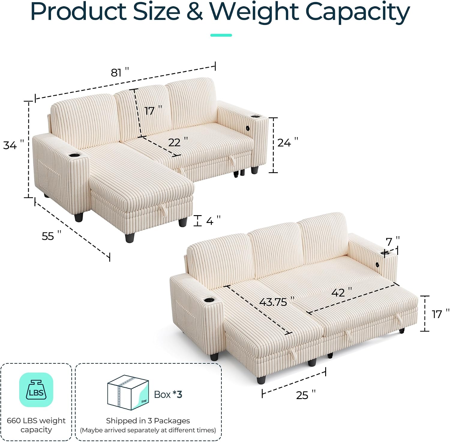 LINSY HOME Sectional Sleeper Sofa with Pull Out Couch Bed for Living Room (Beige) | Plush Corduroy, Storage Ottoman, Storage Chaise, Pull Out Couch, USB Charging