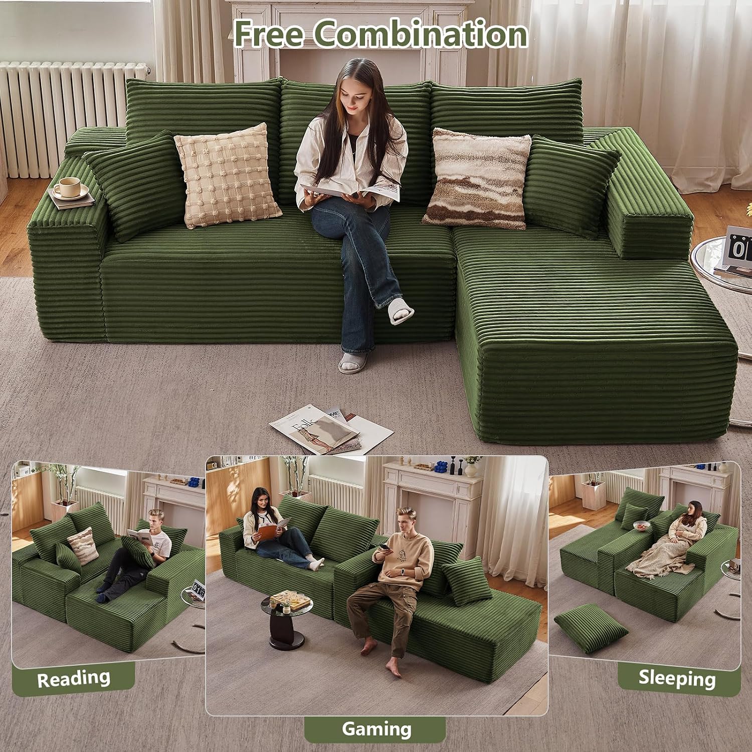 107' Cloud Sectional Couch with L-Shape Chaise, Modern Modular Comfy Sofa Chaise Longue, Upholstered Corduroy Couches Sleeper with Deep Seat for Living Room Bedroom, No Assembly Required, Green