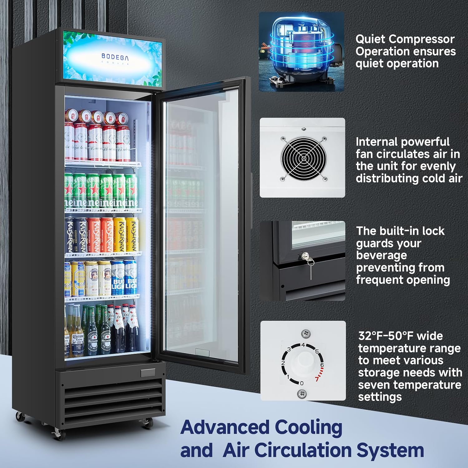 BODEGA BODEGACOOLER 9 Cu. Ft Commercial Merchandiser Refrigerator, Black Large Commercial Refrigerator With Glass Door, LED Light/Door Lock,Upright Display Refrigerator For kitchen/Garage/Office.