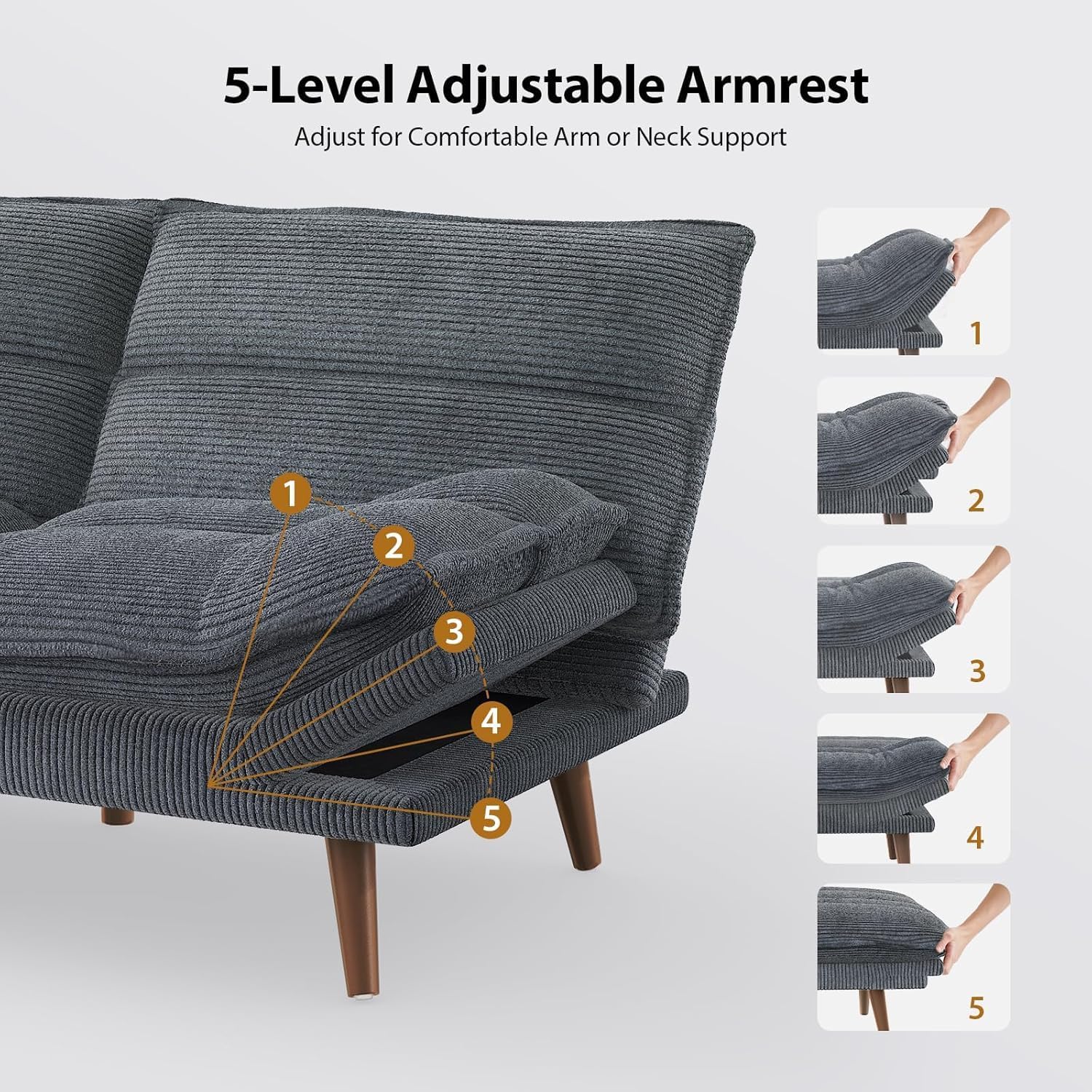 Pipishell Futon Sofa Bed, Convertible Futon Adjustable Backrest & Armrests, Corduroy Sleeper Couch for Small Spaces, Living Room, Office, Guest Room (Asphalt Grey, 66 Inch)