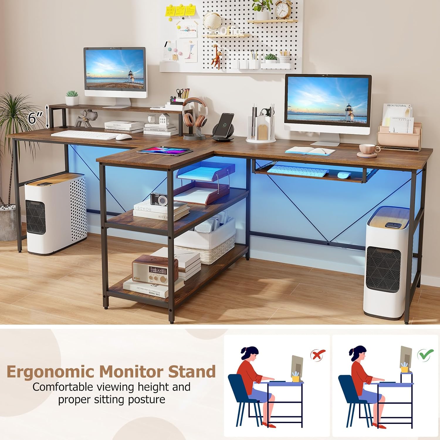 Giantex 94.5' 2 Person Desk with LED Lights, Long PC Study Desk with Storage Shelves, Power Outlets, Keyboard Tray & Monitor Stand, Double Computer Desk Workstation for Home Office (Rustic Brown)