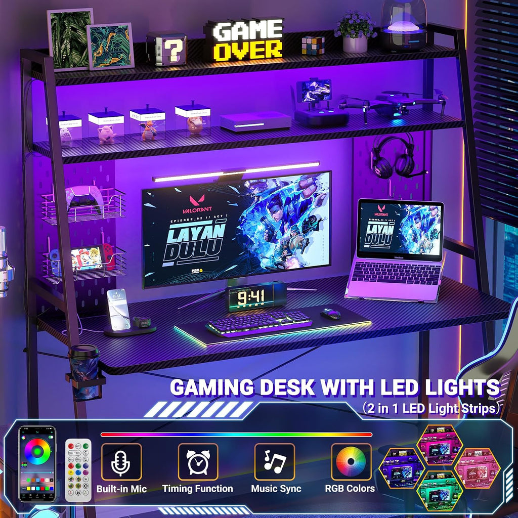 Besiost Gaming Desk with Hutch and LED Lights, Gaming Computer Desk with Power Outlets, Gamer Desk with Storage Shelves, PC Game Desks with Pegboards, for Bedroom, Carbon Fiber Black, 49'