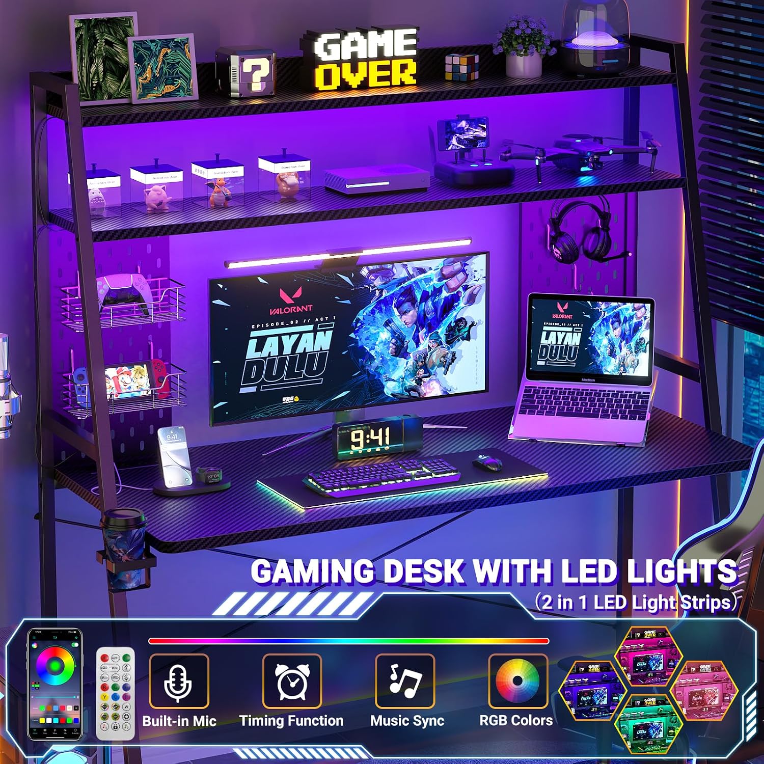 Besiost Gaming Desk with Hutch and LED Lights, Gaming Computer Desk with Power Outlets, Gamer Desk with Storage Shelves, PC Game Desks with Pegboards, for Bedroom, Carbon Fiber Black, 49'